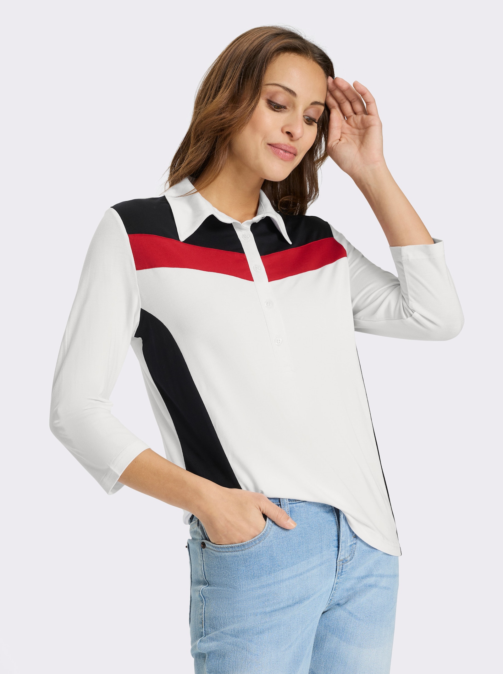 Poloshirt mit seitlichen Kontrast-Einsätzen - weiß-schwarz-gemustert