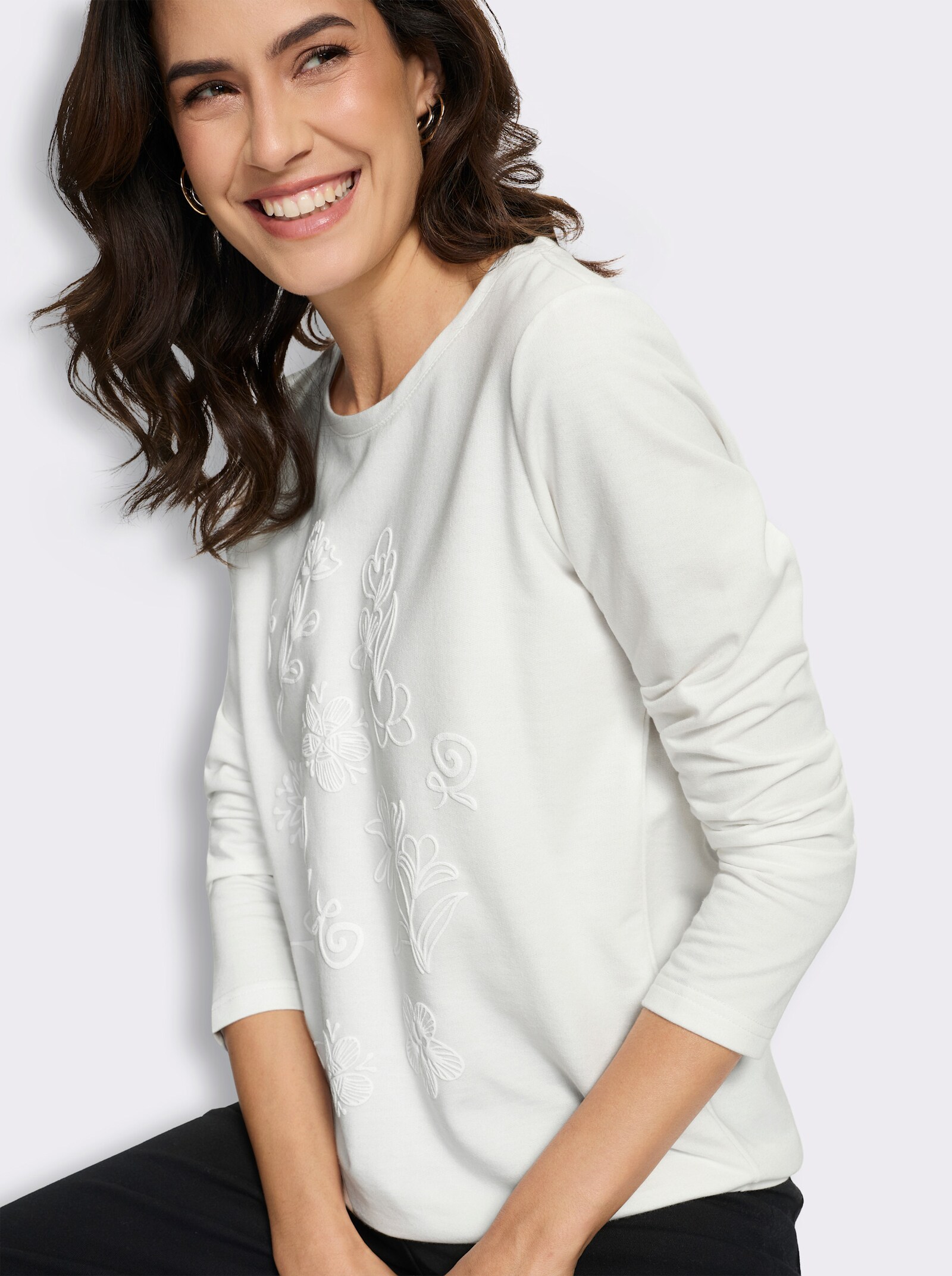 Sweatshirt mit gummiertem Blüten-Druck - ecru