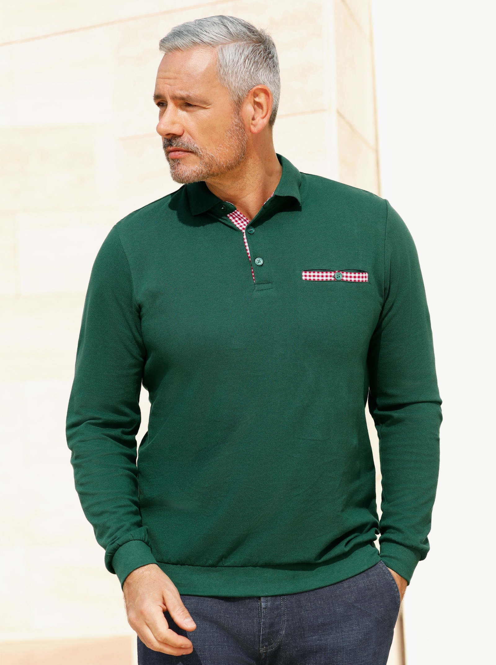 Marco Donati Langarm-Poloshirt mit Karo-Akzenten - moos