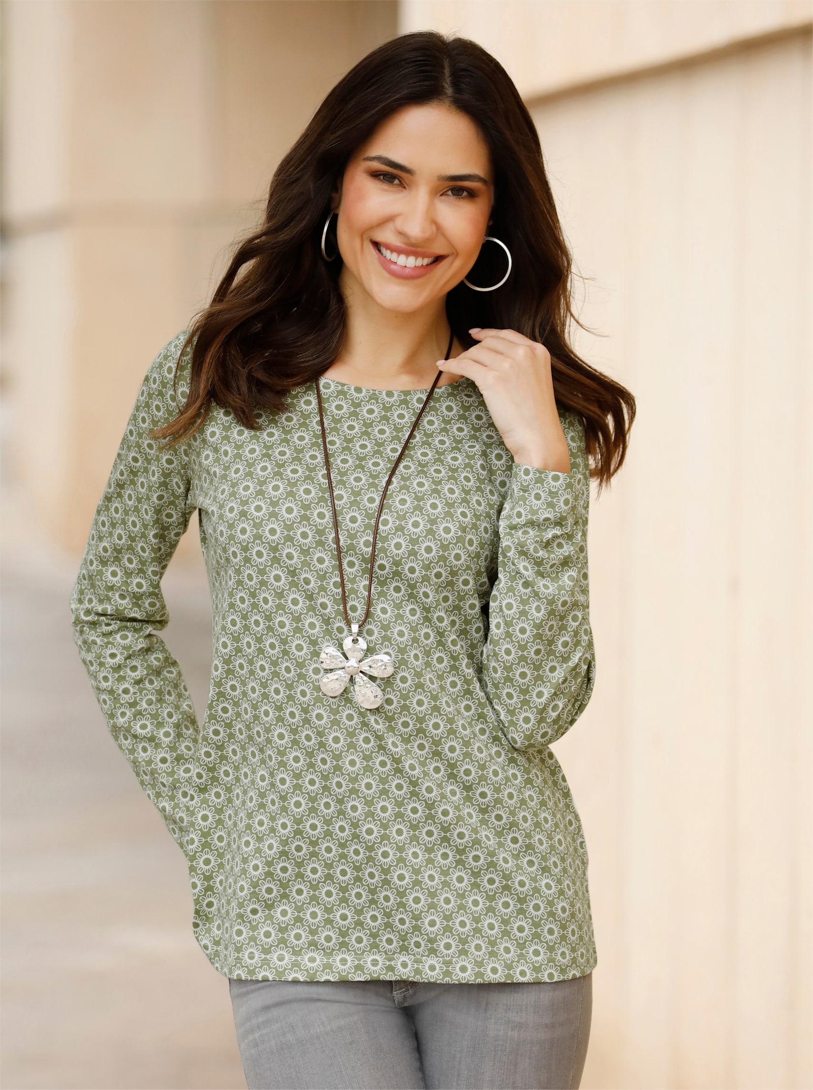 Langarmshirt im Minimal-Dessin - schilf-ecru-bedruckt