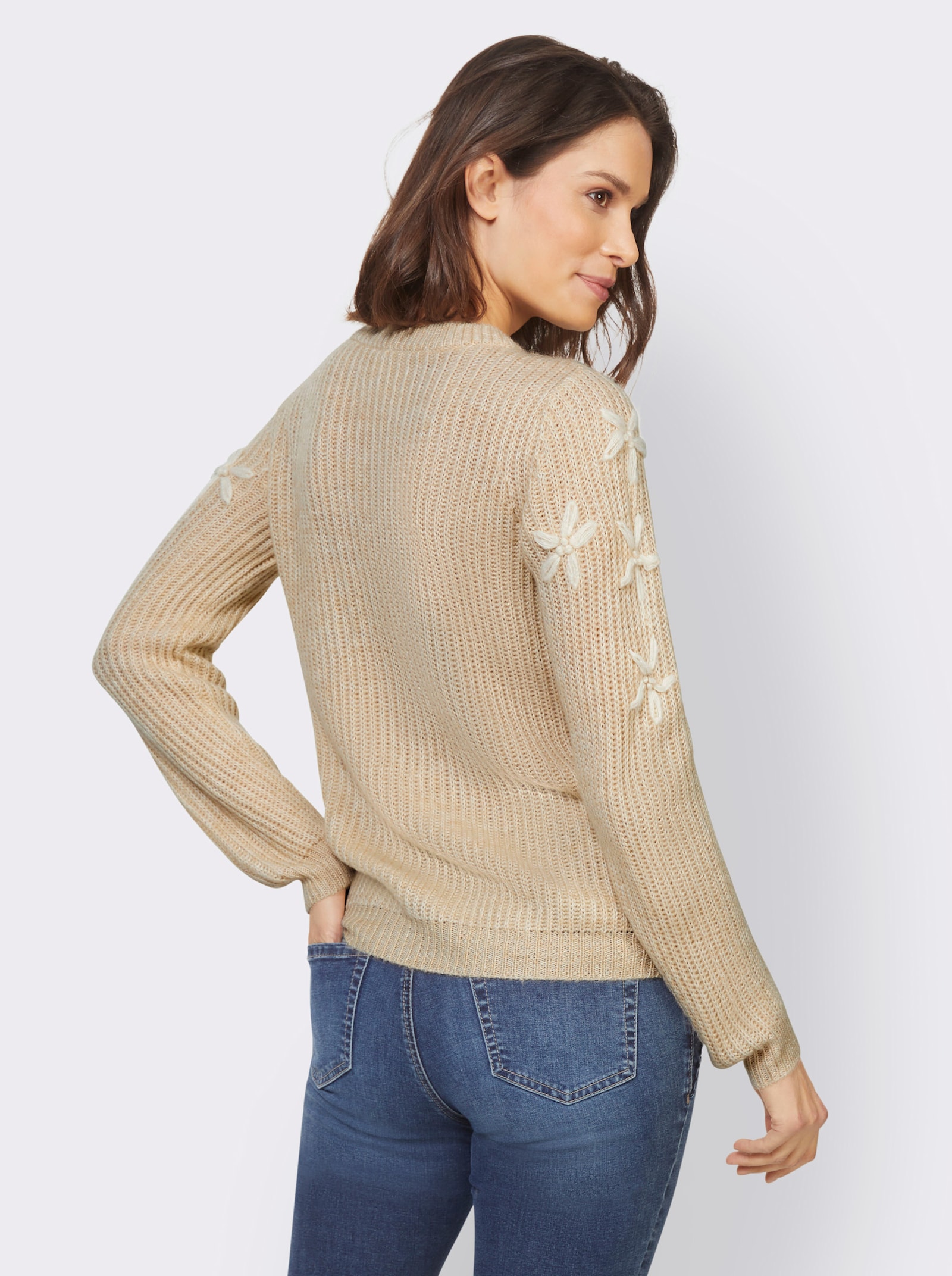 heine Langarm-Pullover mit Blüten-Applikationen - sand-champagner-gemustert