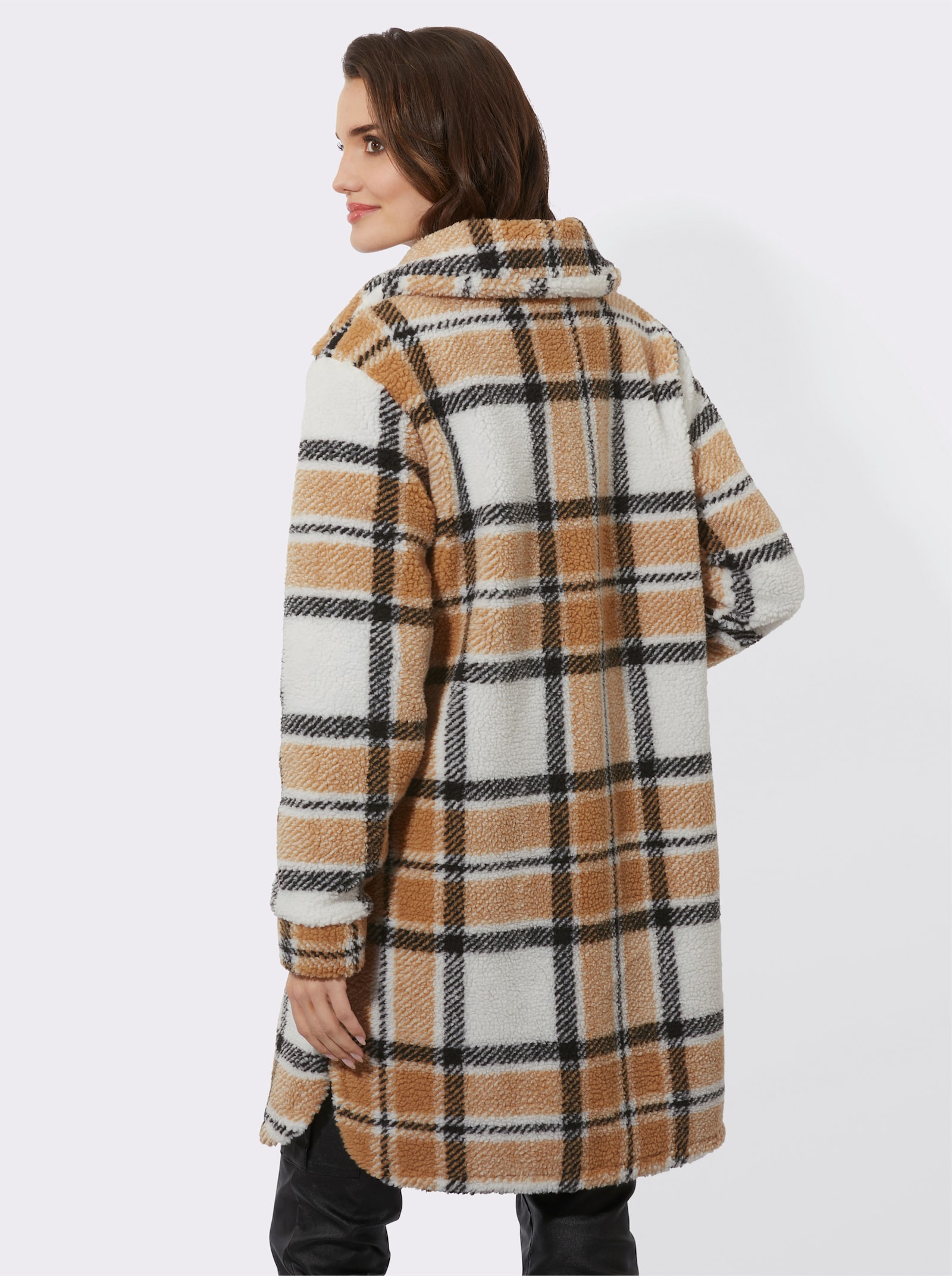 Kurzmantel aus kariertem Teddy-Fleece - ecru-schwarz-kariert