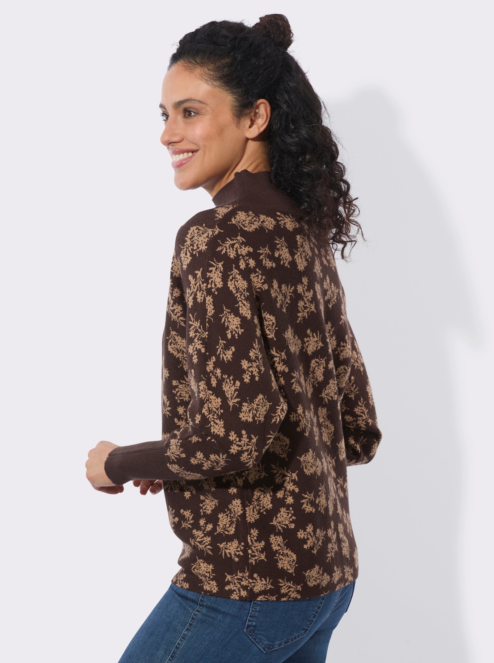 Stehkragenpullover mit floralem Print - schoko-camel-gemustert