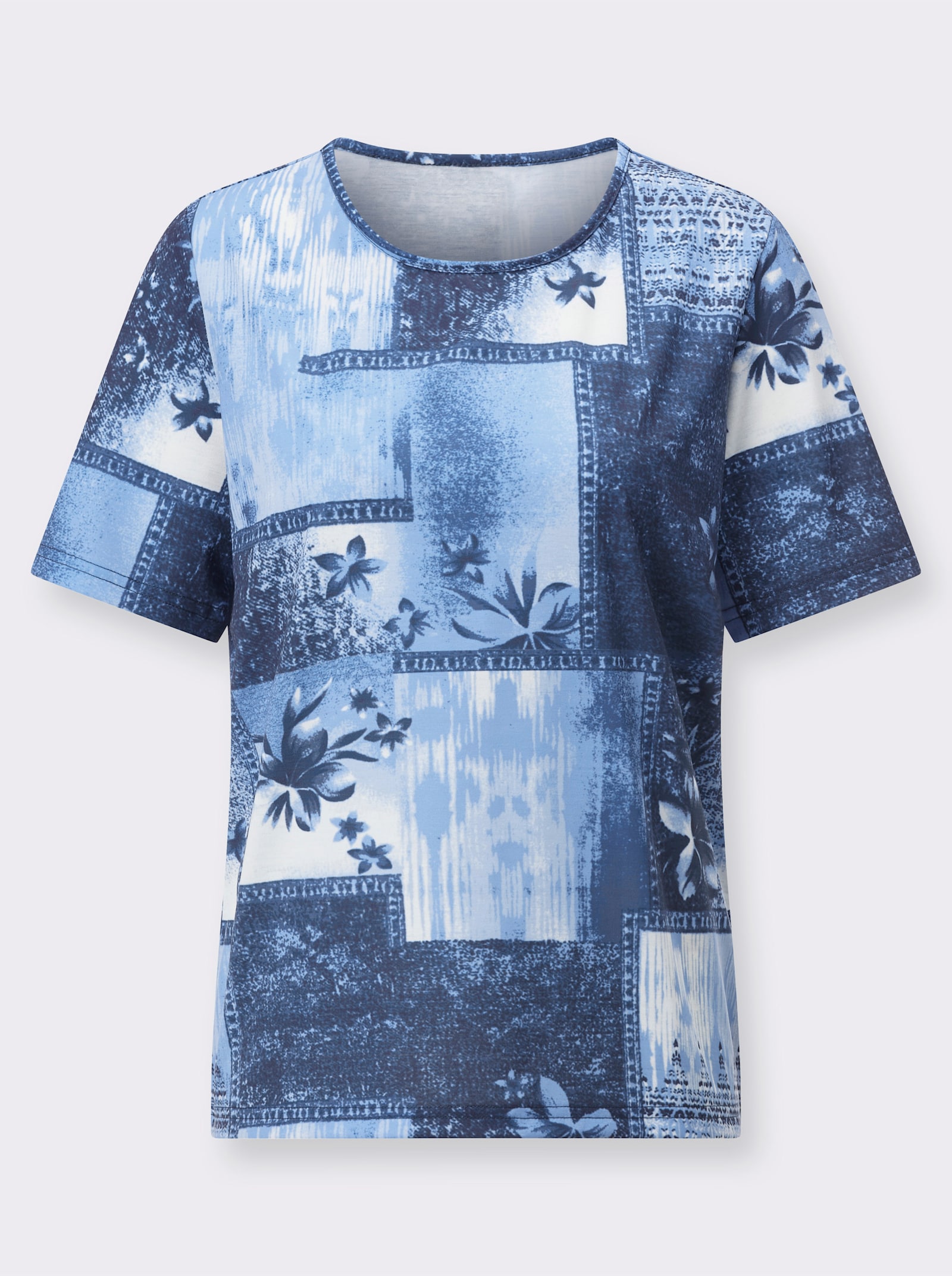 Shirt met ronde hals in grafisch patchworkdessin - hemelsblauw/marine bedrukt