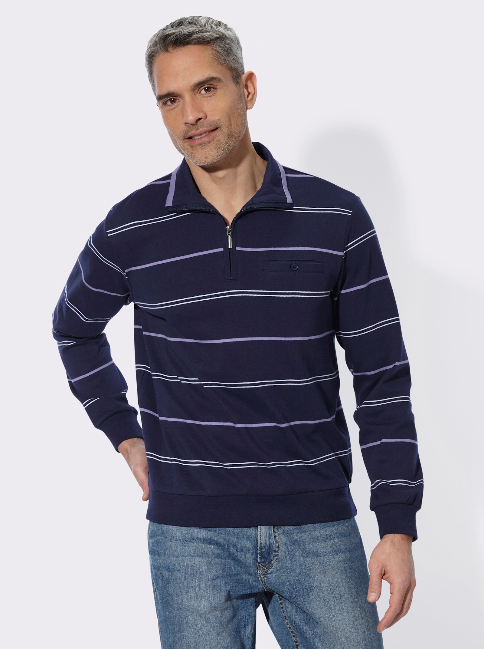 Sweatshirt mit Brusttasche - marine-lavendel-geringelt