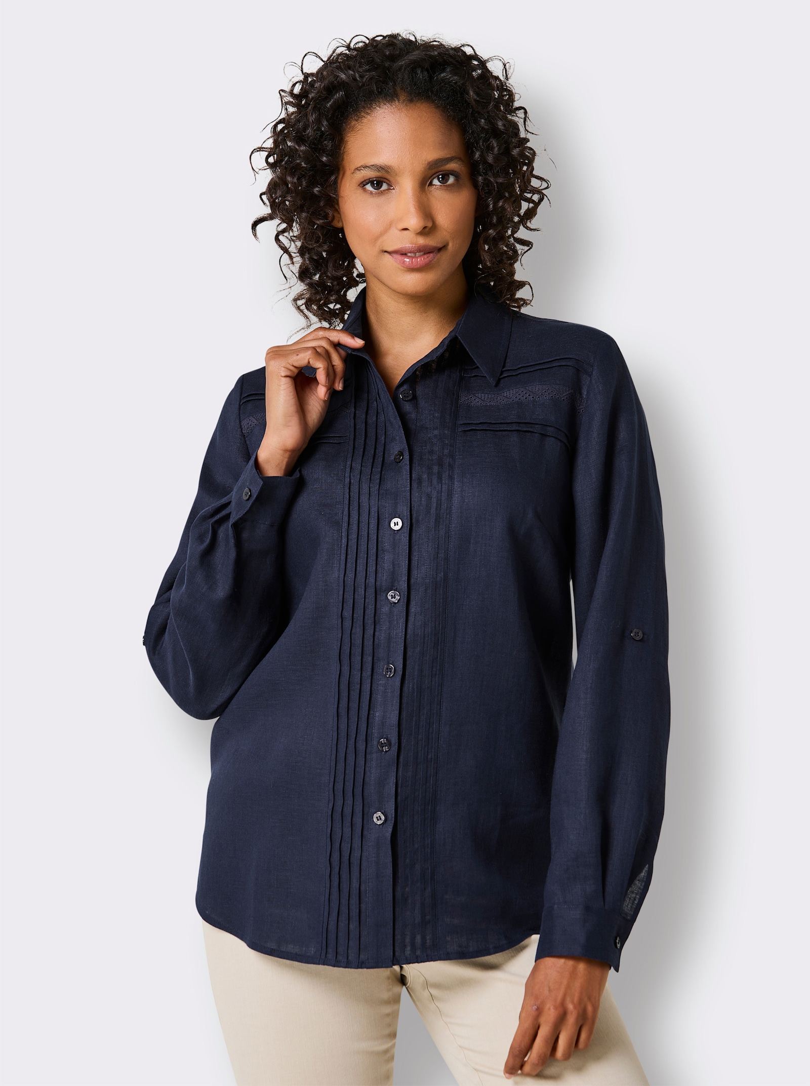 CREATION L PREMIUM Leinenbluse mit Spitze und Biesen - marine