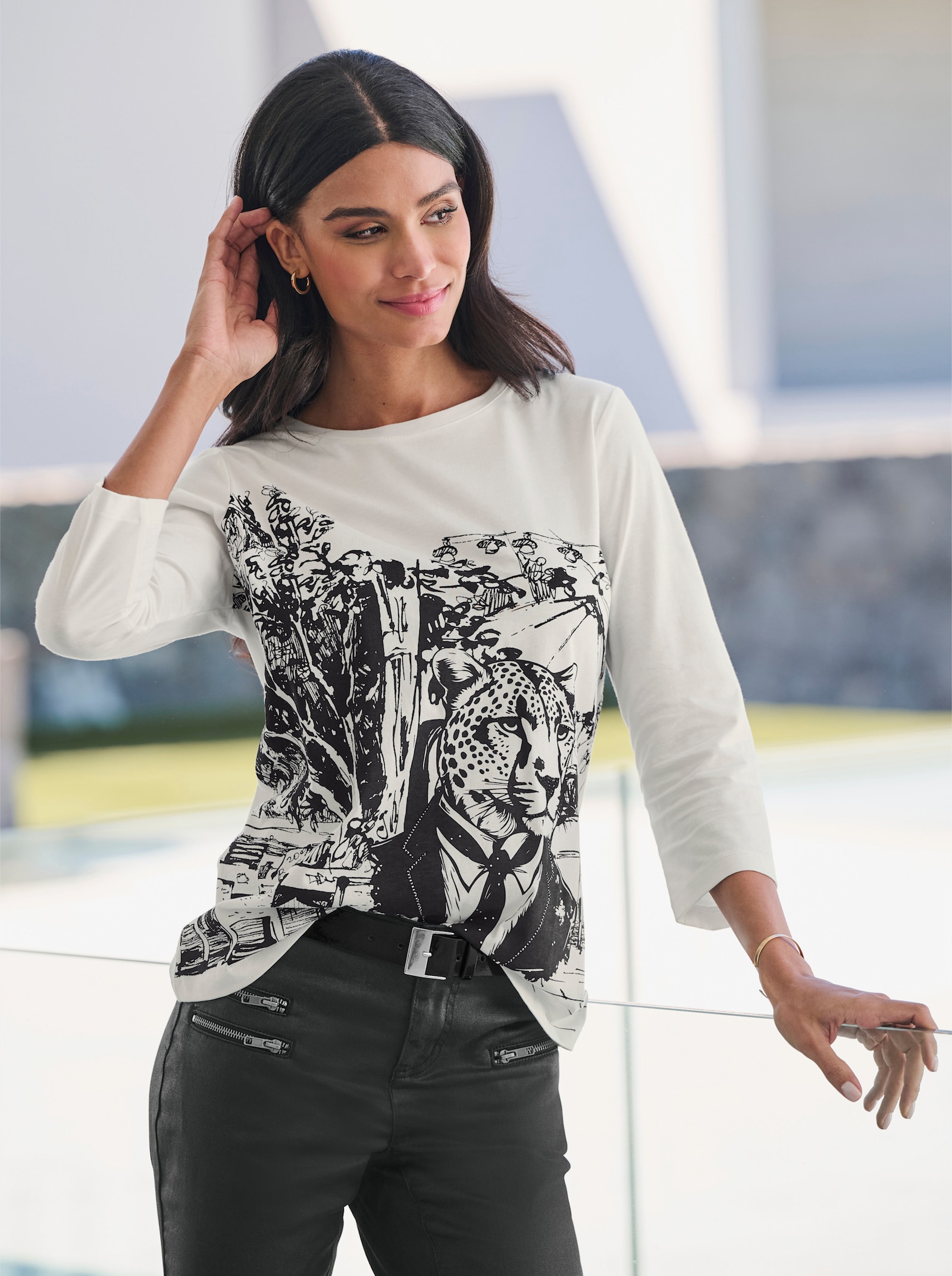 heine 3/4-Arm-Shirt mit Ziersteinen - ecru-schwarz-bedruckt