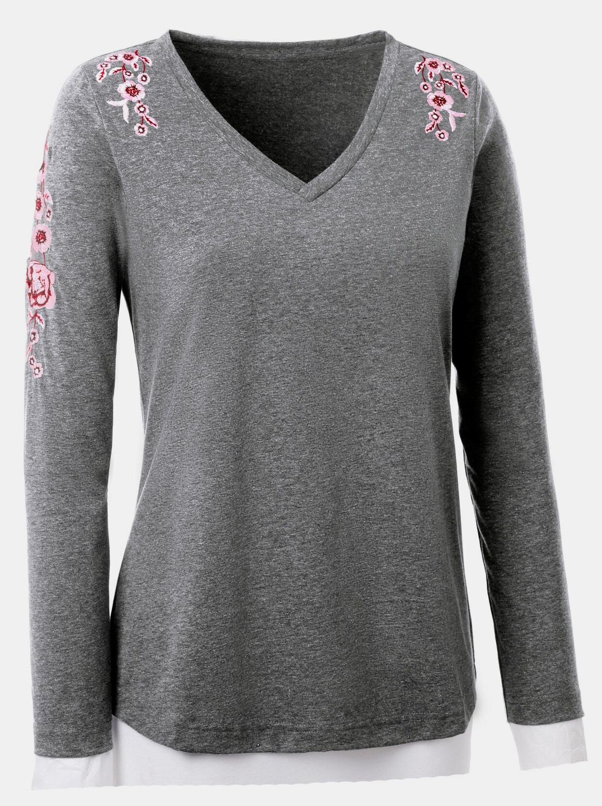Shirt met V-hals - grijs/roze gedessineerd