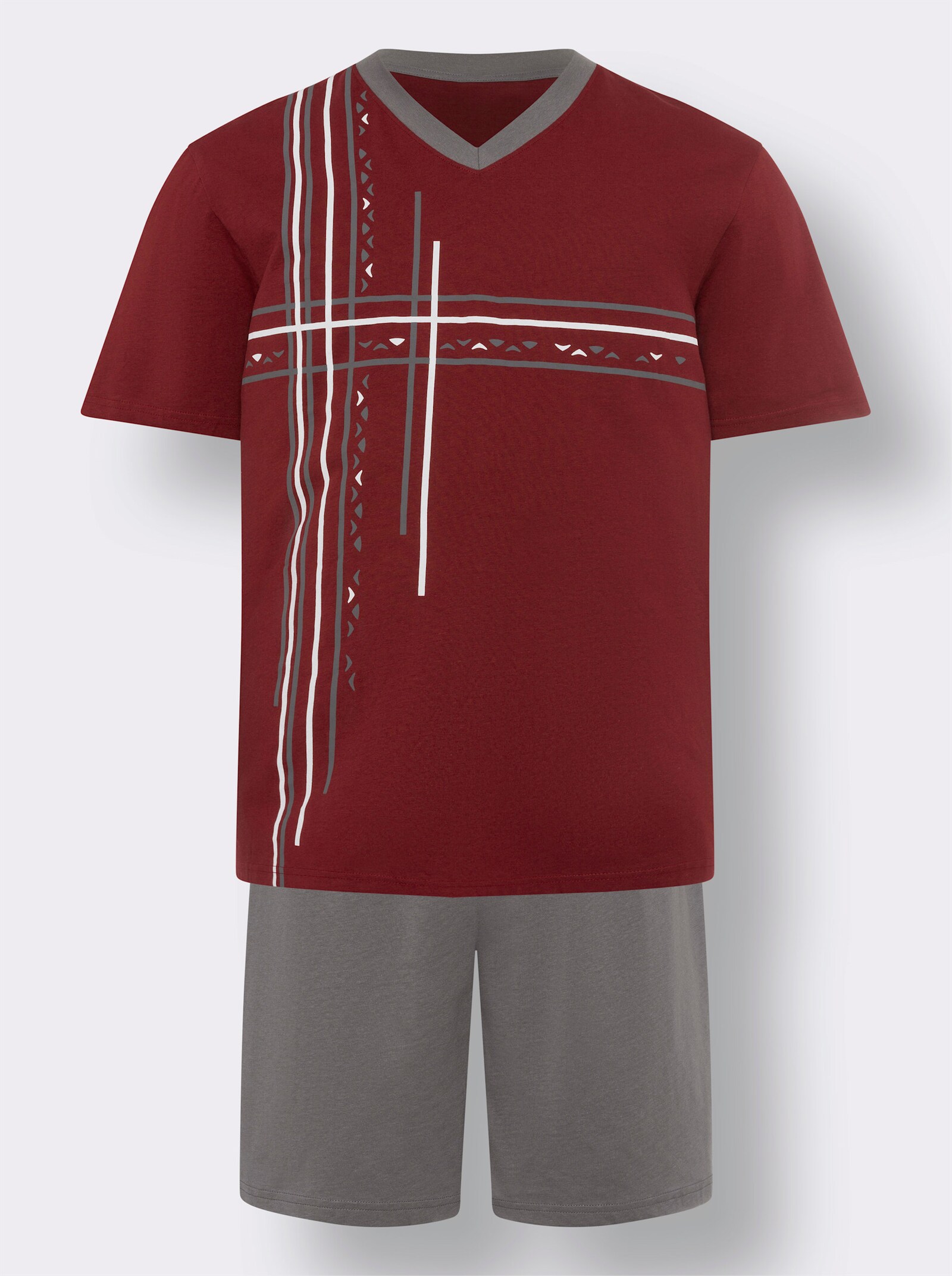 Krátké pyžamo s grafickým potiskem - tmavěčervená-antracitová