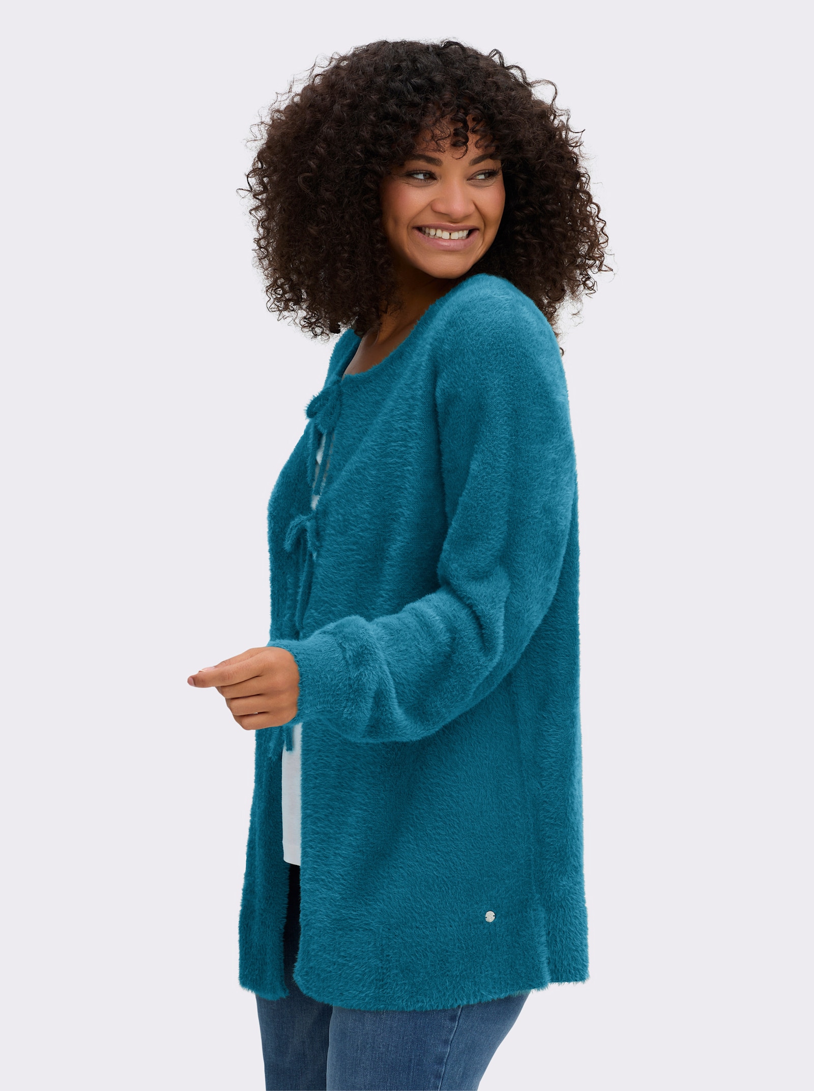 sheego Strickjacke mit Bindebändern und Ballonärmeln - topas