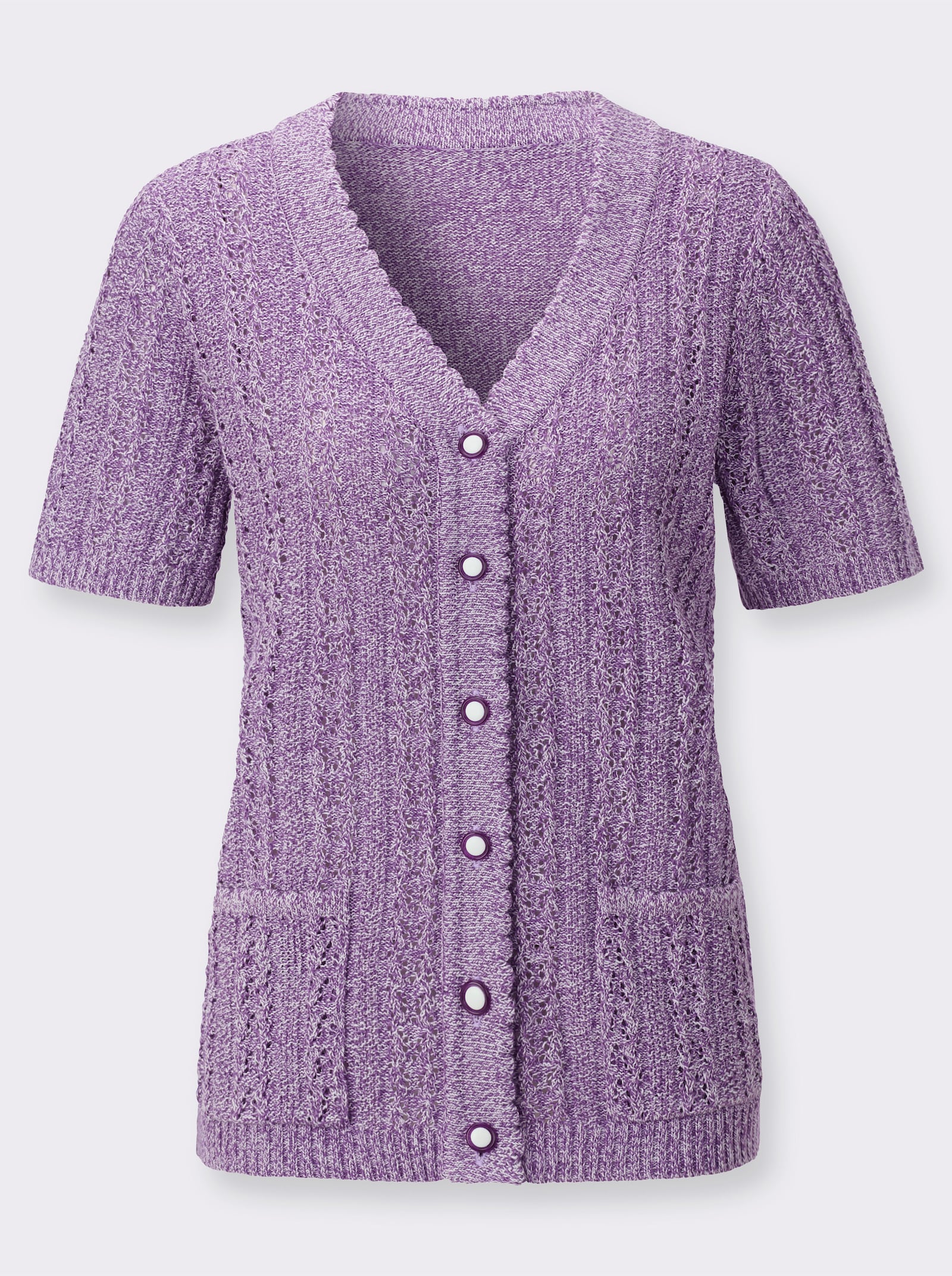 Kardigán, ažúr, našité vrecká - Fialovo-svetlobéžový melír