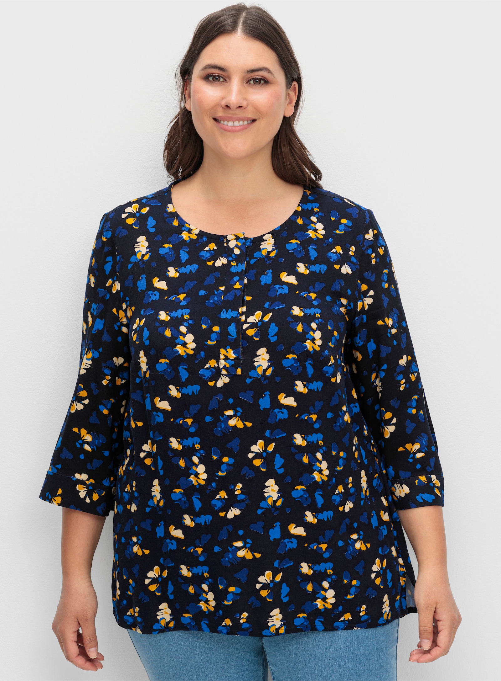 sheego Tunika mit Blumendruck und Knopfleiste - tiefblau-gemustert