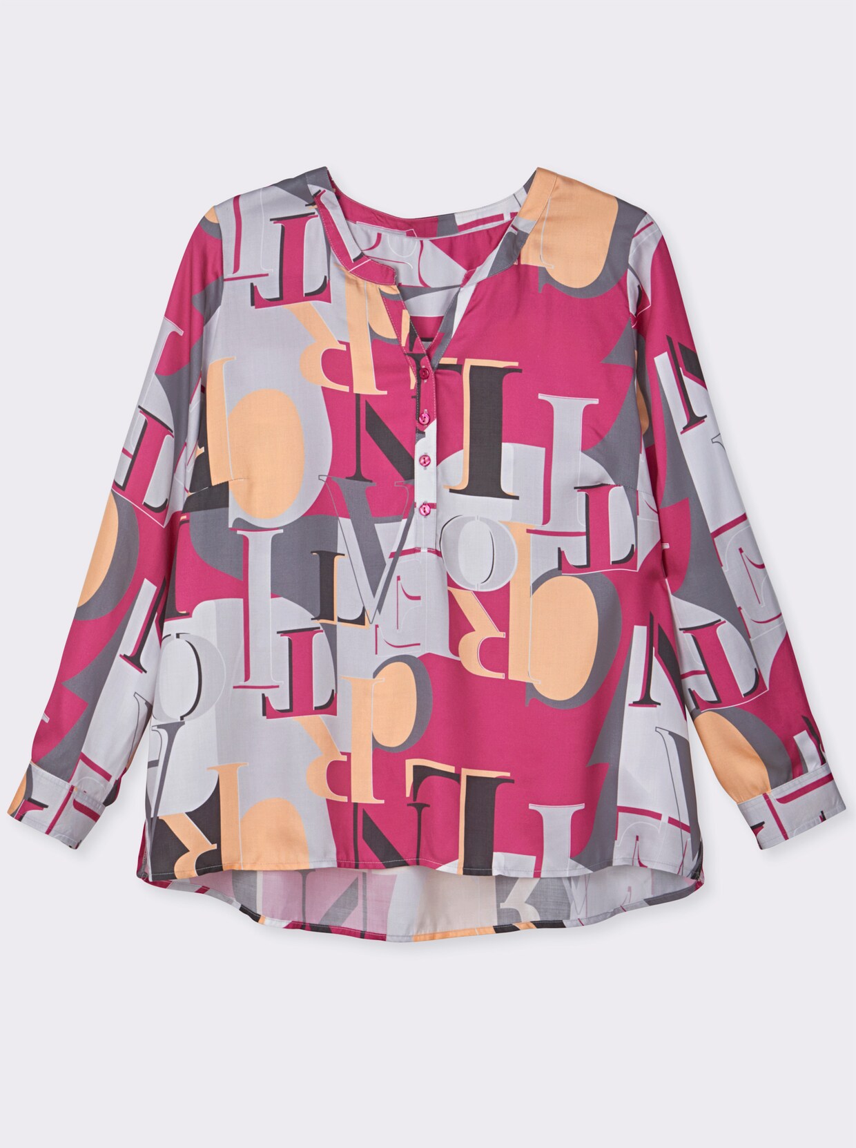 Schlupfbluse mit Krempelärmel - fuchsia-hellgrau-bedruckt