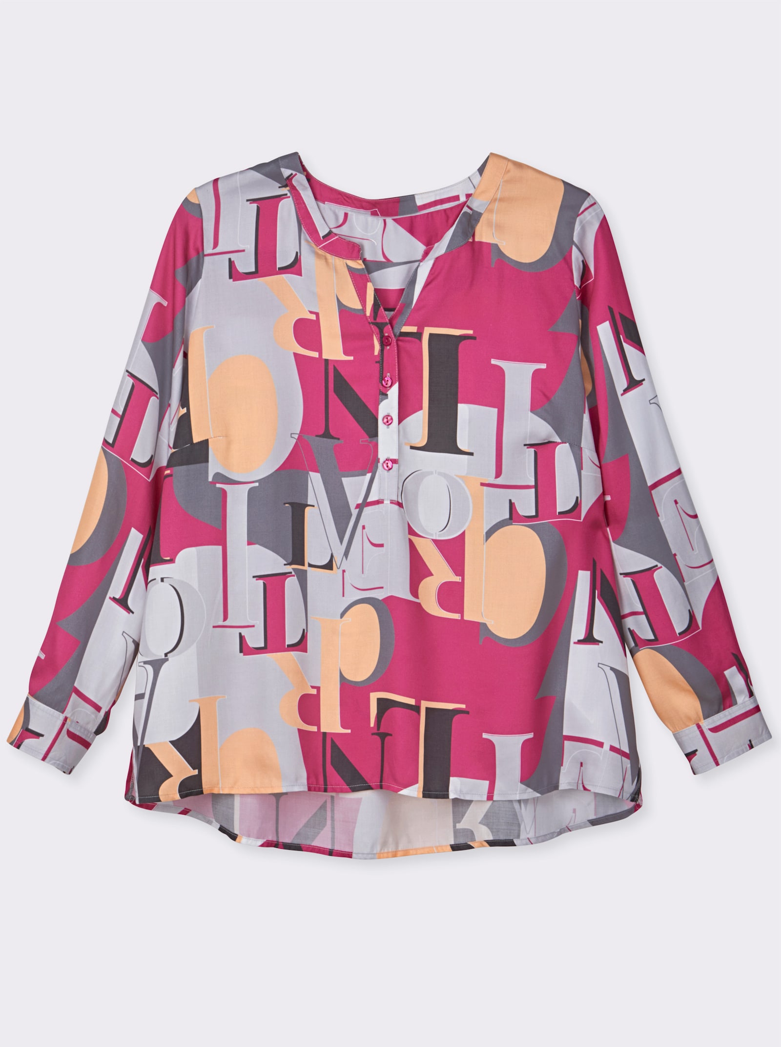 Schlupfbluse mit Krempelärmel - fuchsia-hellgrau-bedruckt