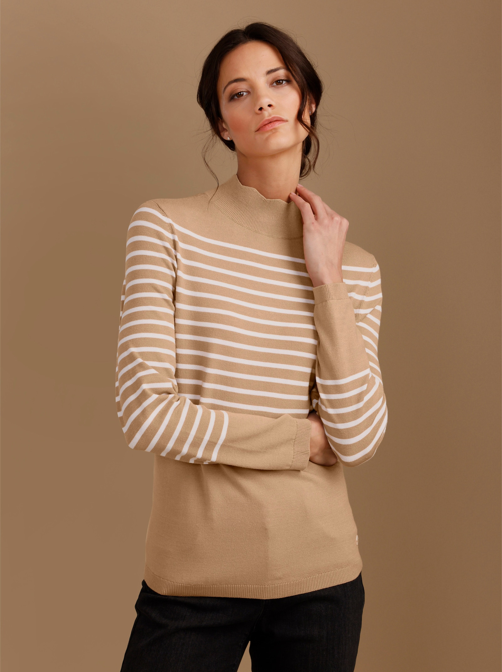 CREATION L PREMIUM Feinstrickpullover mit Wellenkante - camel-ecru-geringelt