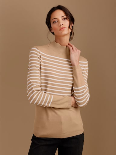 CREATION L PREMIUM Feinstrickpullover mit Wellenkante - camel-ecru-geringelt