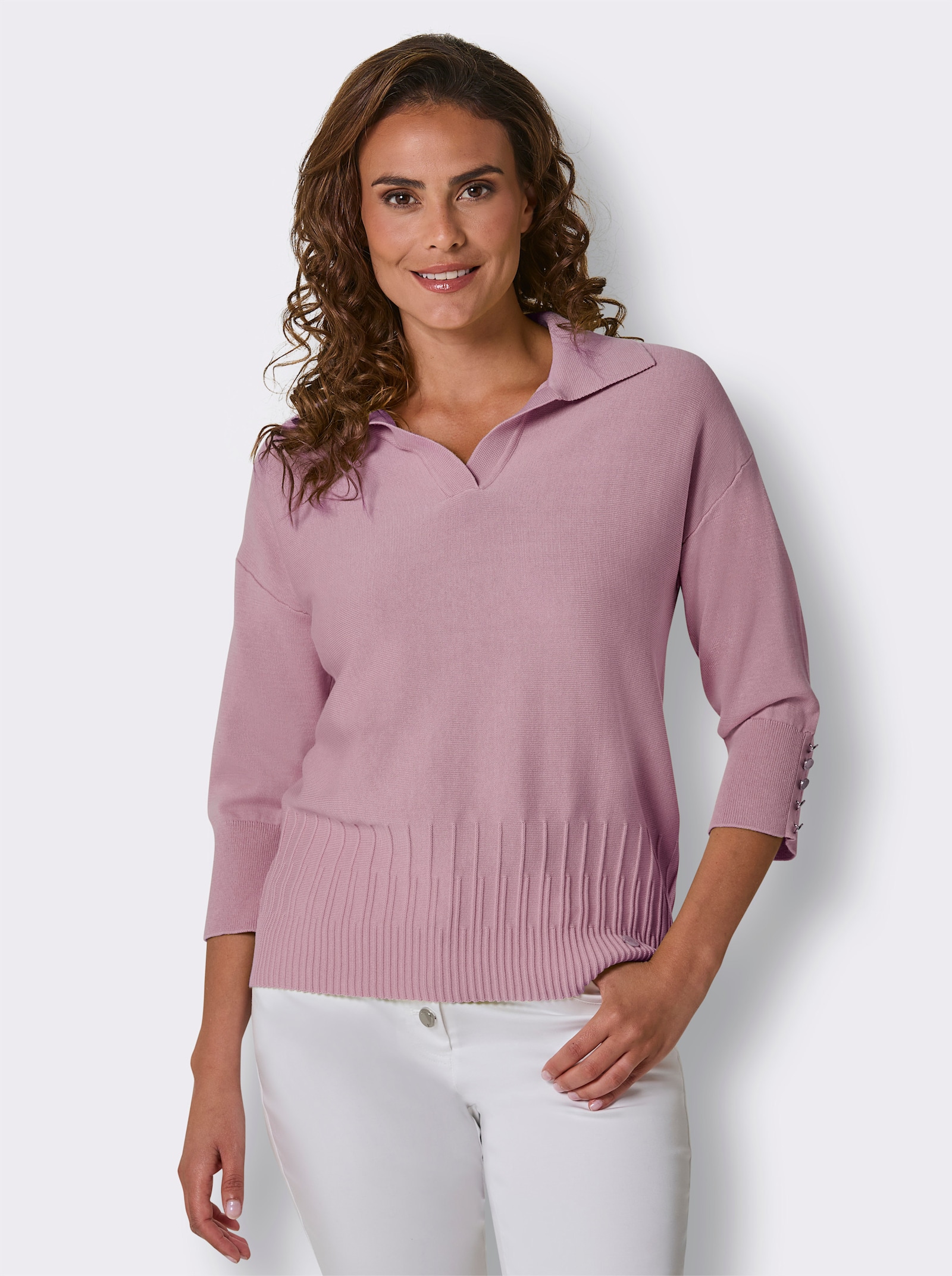 CREATION L PREMIUM Polopullover aus Querstrick - rosé