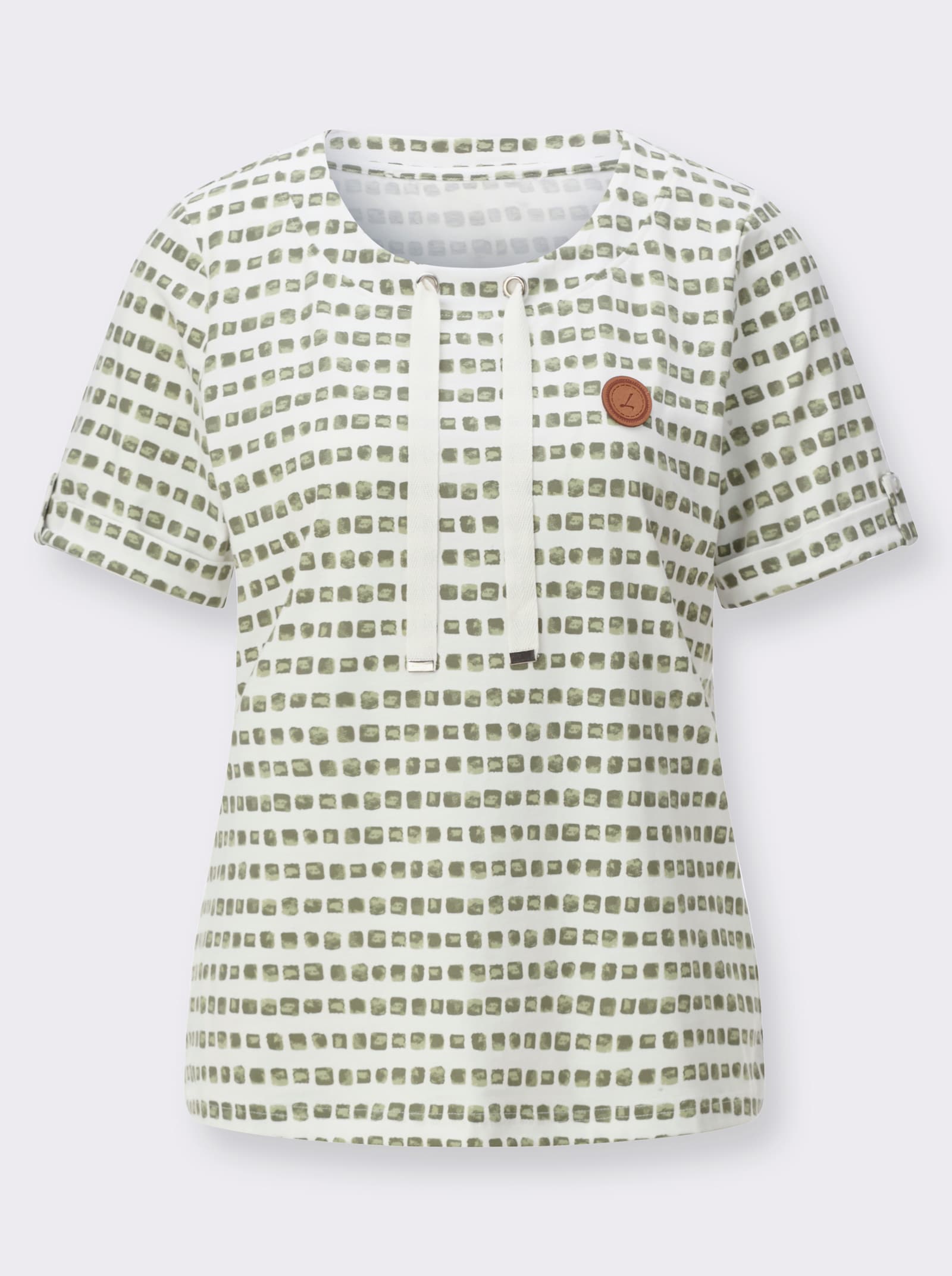 Print-Shirt mit Bindebändern am Ausschnitt - khaki-ecru-bedruckt