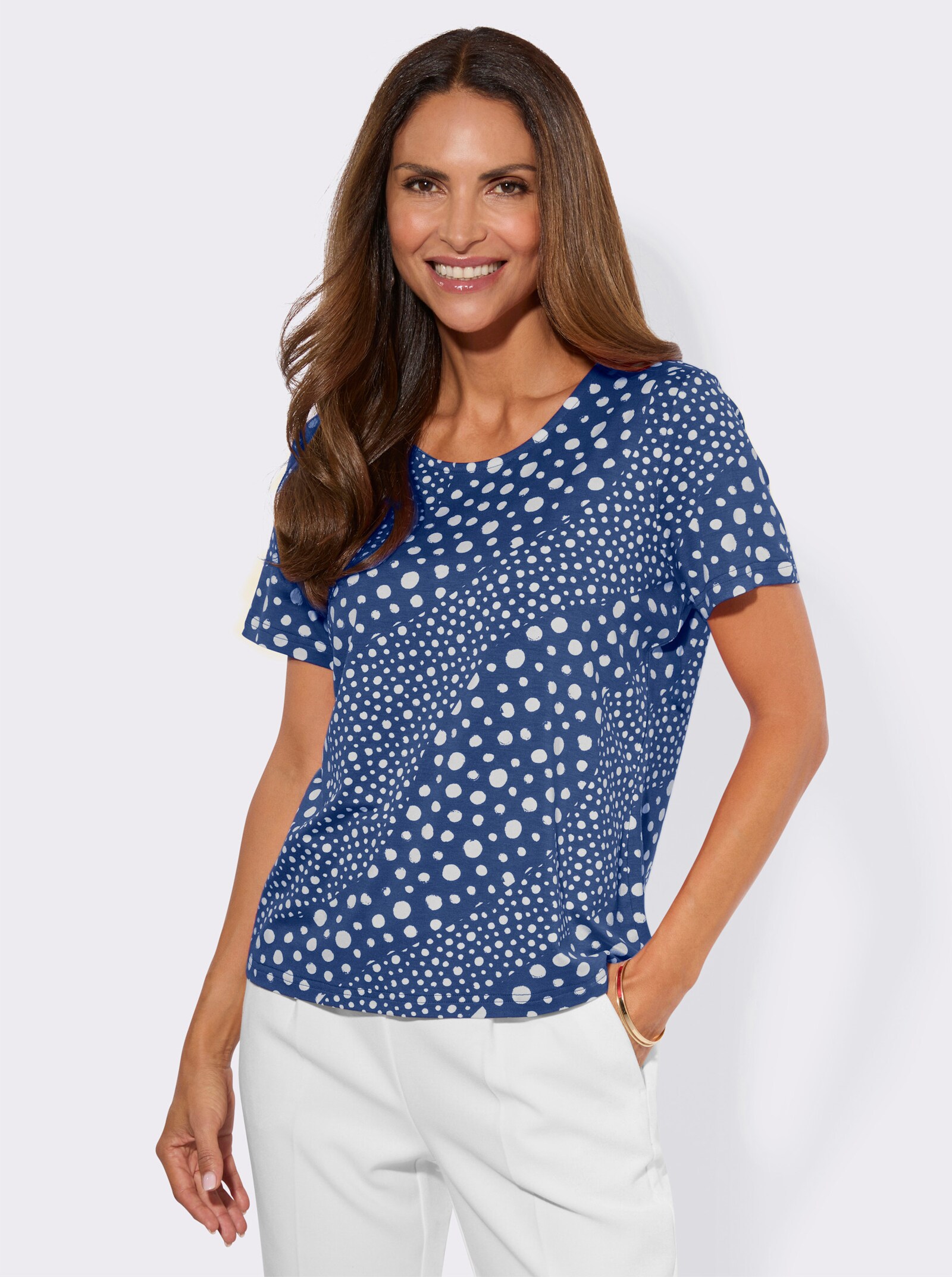 Kurzarmshirt im Tupfenprint - royalblau-ecru-bedruckt