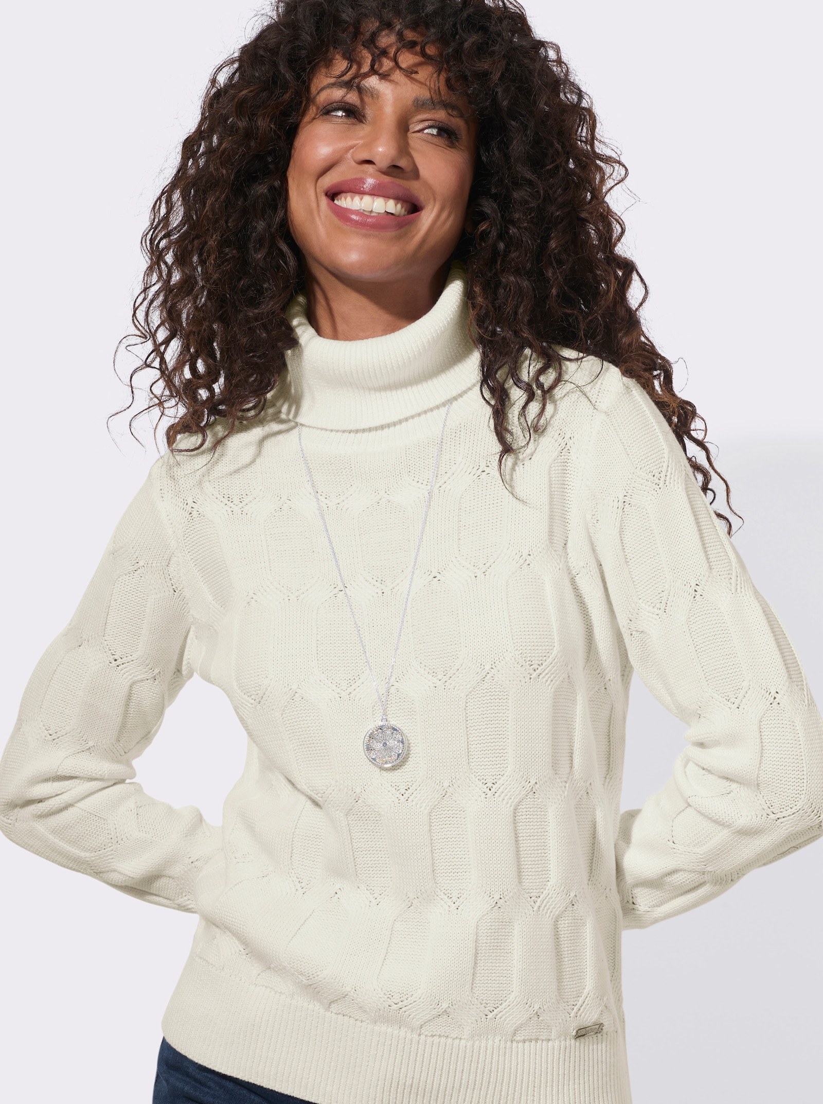  Rollkragenpullover mit Strickmuster - ecru