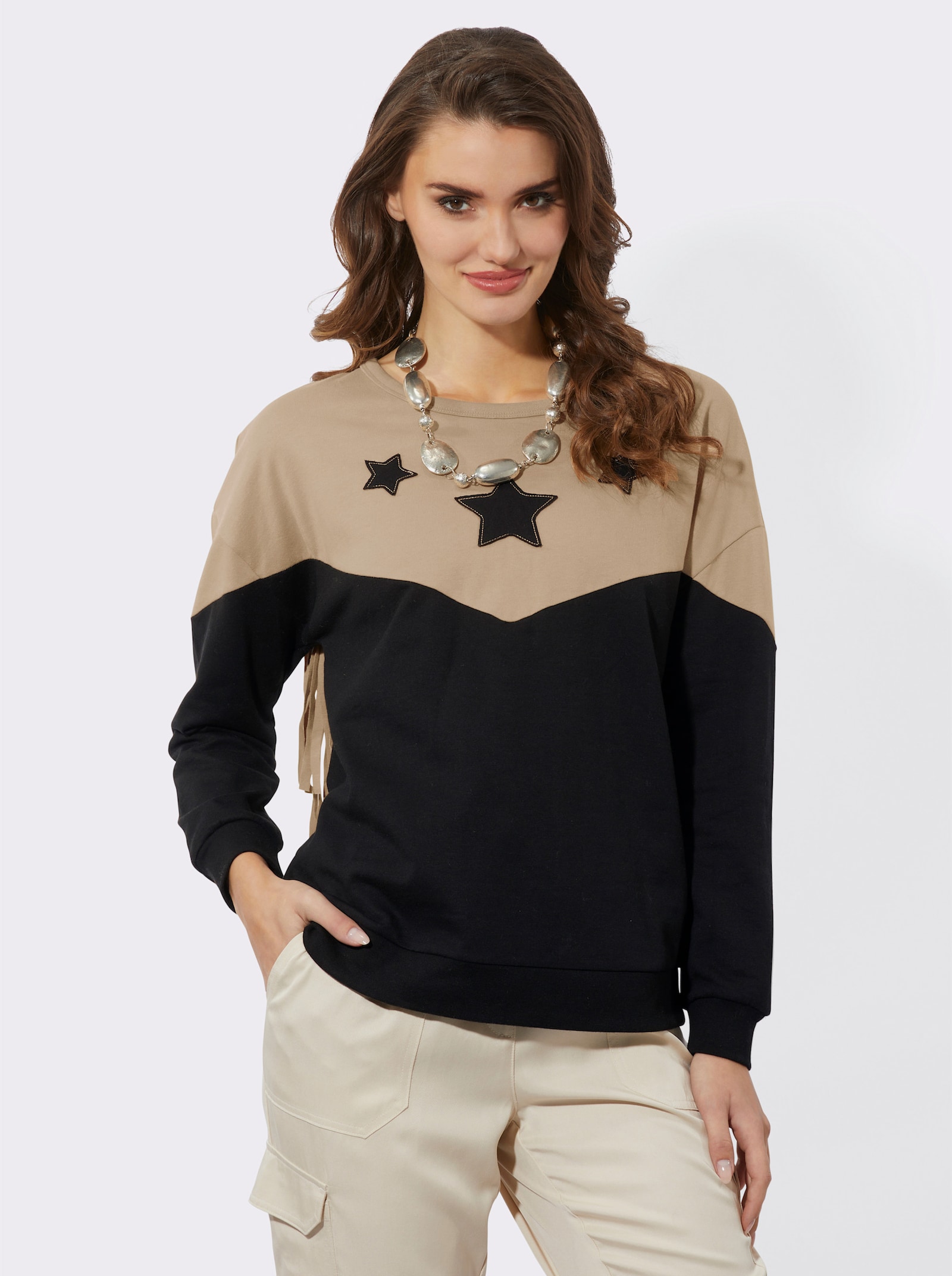 Sweatshirt mit Fransen - beige-schwarz