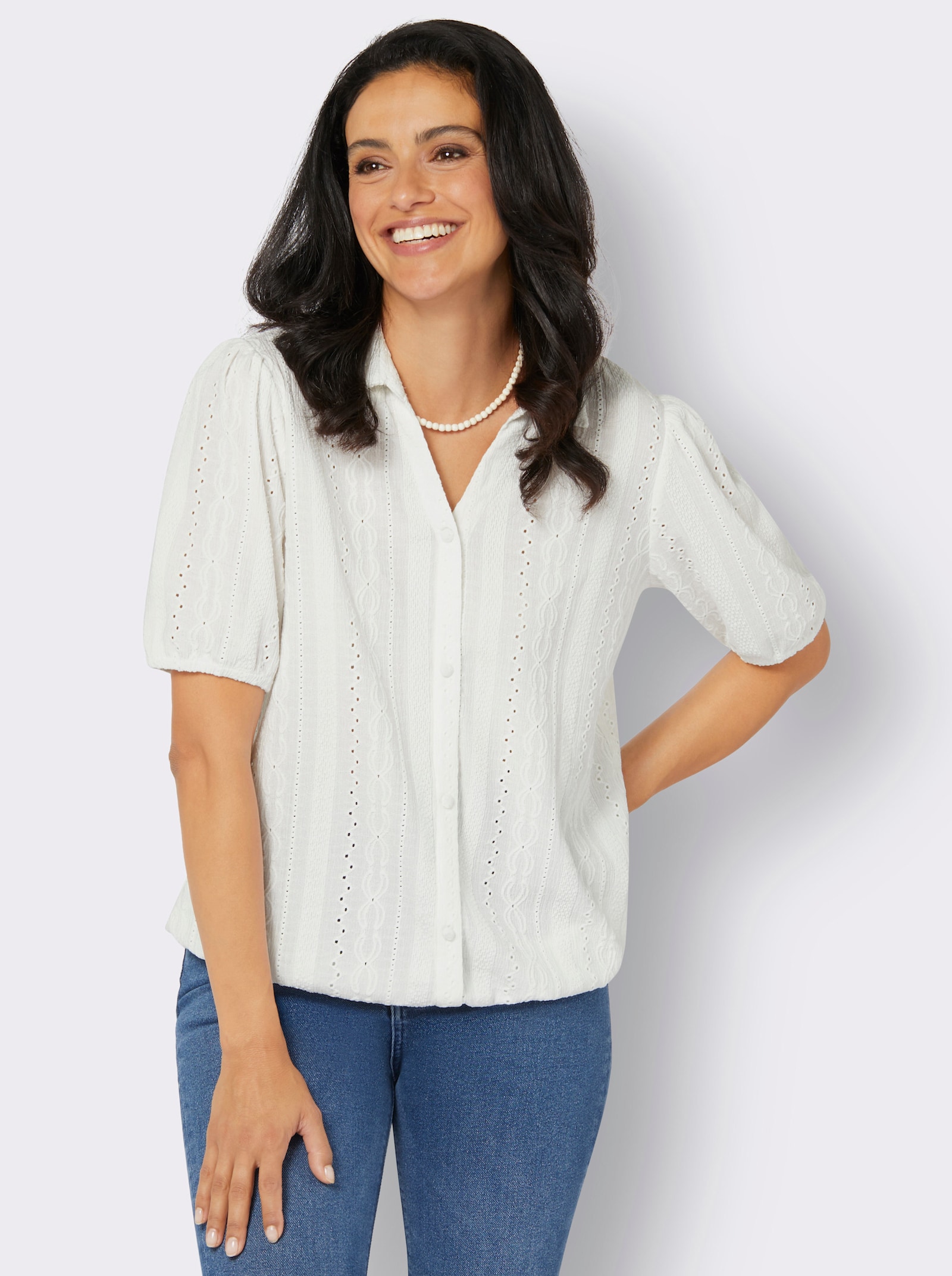 Kurzarmbluse in gemusterter Struktur-Qualität - ecru