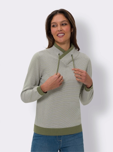 Langarm-Pullover mit überlappendem Stehkragen - khaki-ecru-geringelt