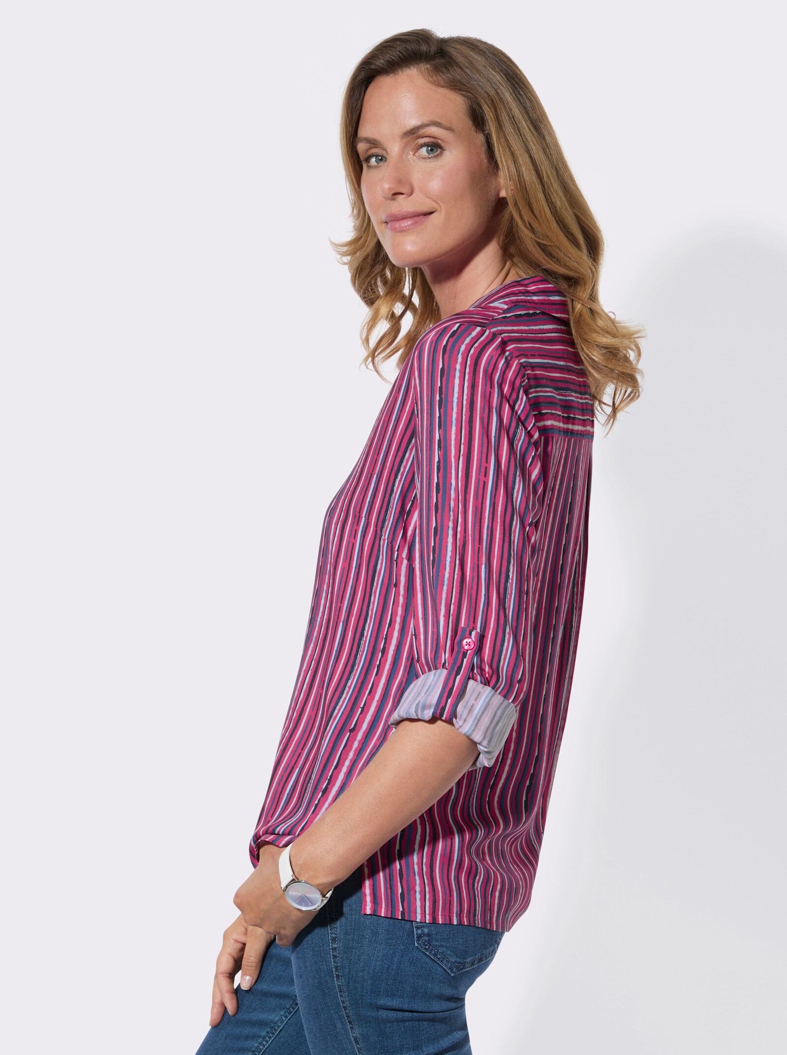 Gestreifte Bluse mit Krempelärmeln - fuchsia-ecru-gestreift