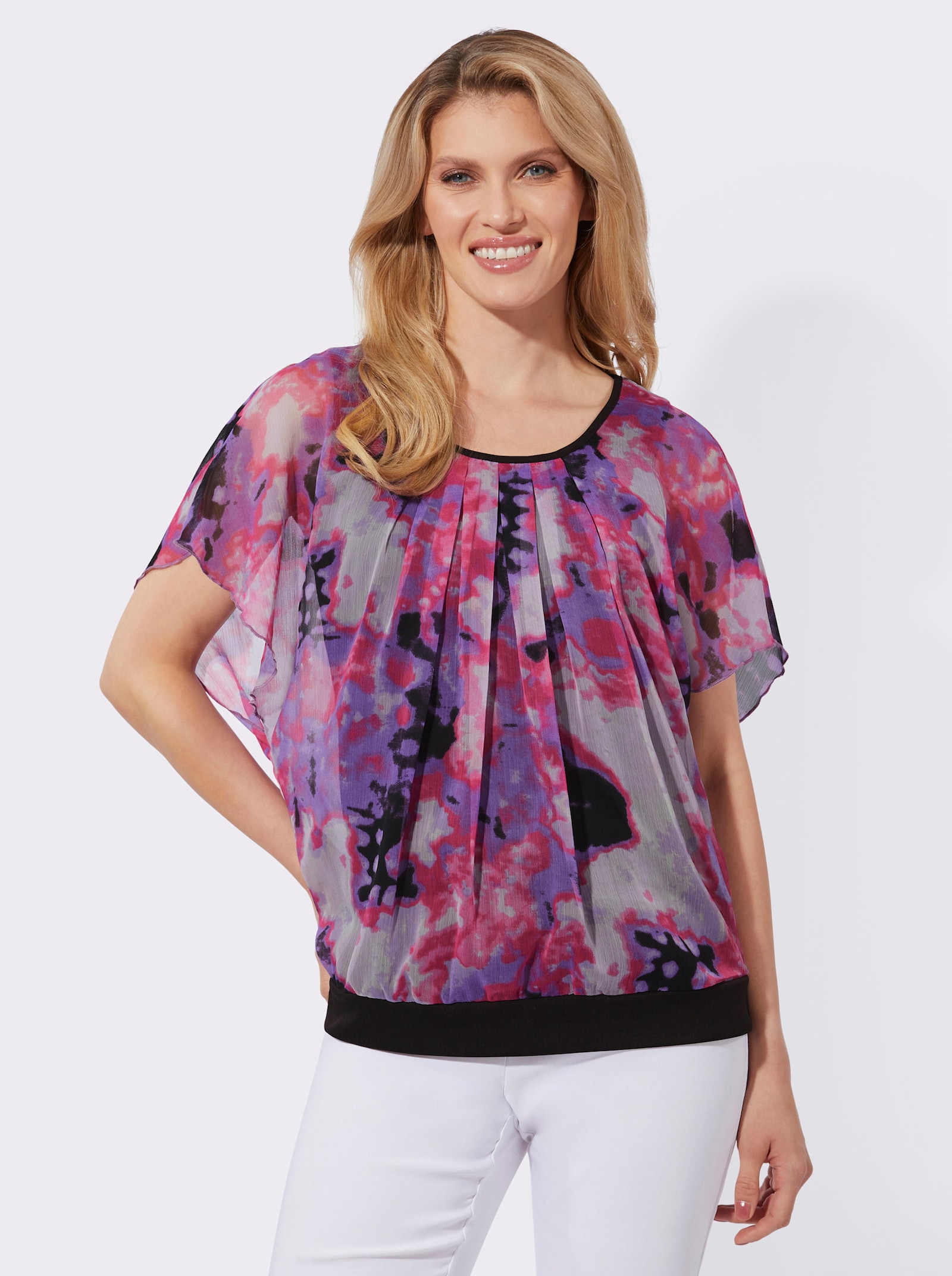 Chiffonblouse met elastische zoom - paars/fuchsia geprint