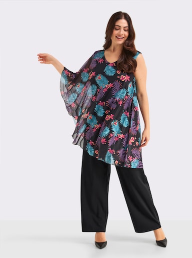 sheego Jumpsuit mit asymmetrischem Cape - schwarz-erdbeere-bedruckt