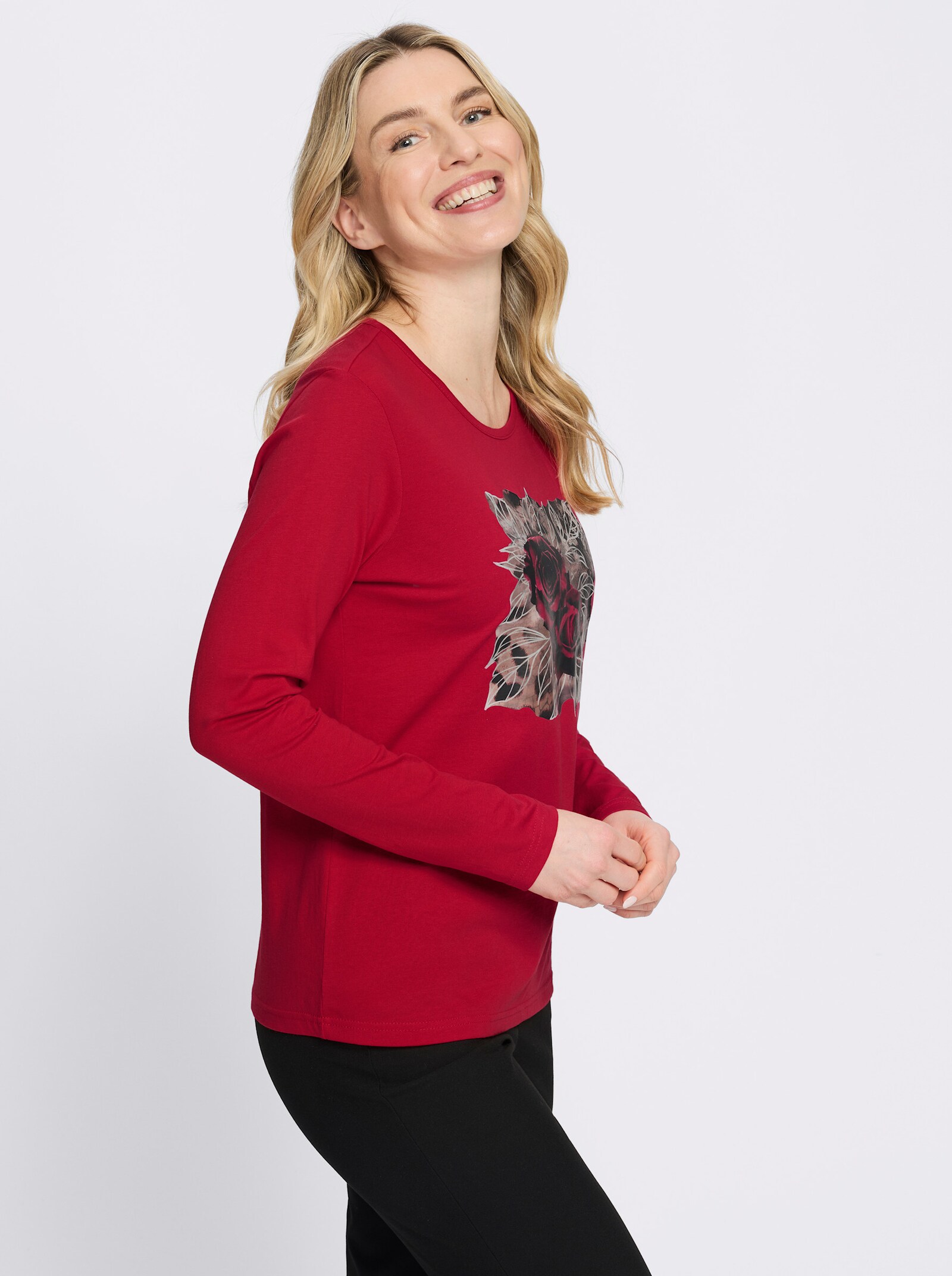 Langarmshirt mit platziertem Rosen-Leo-Print - rot