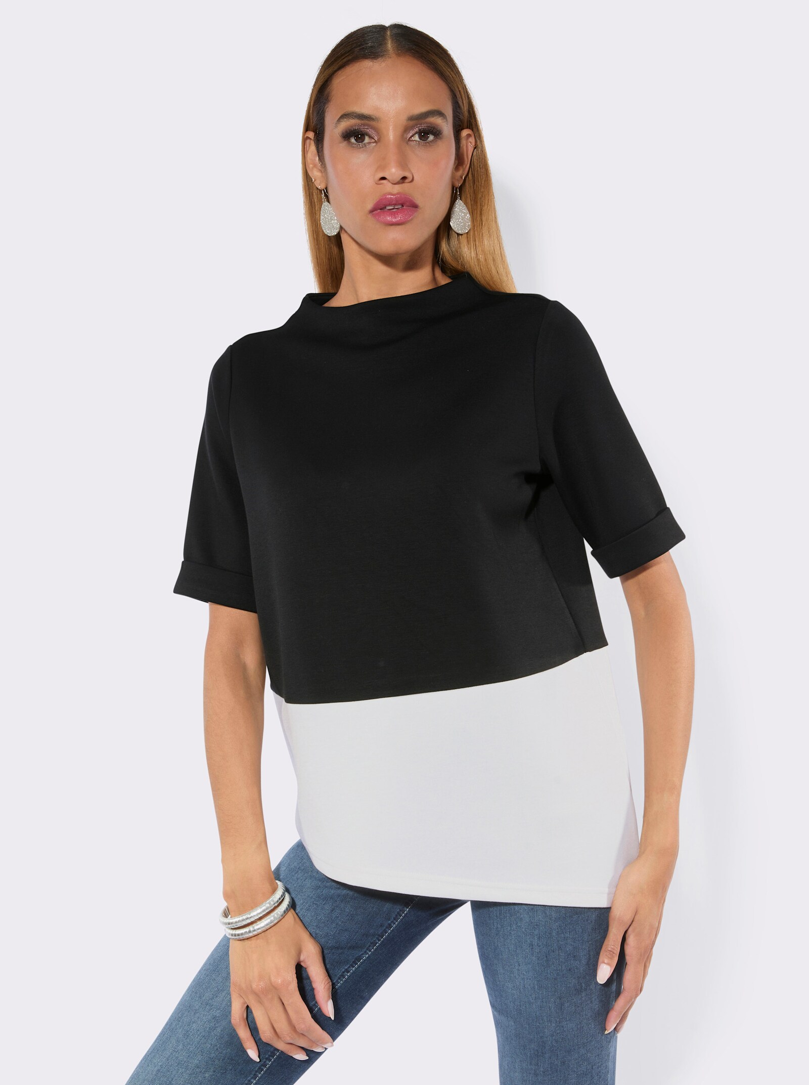 Sweatshirt mit Kelchkragen - schwarz-ecru