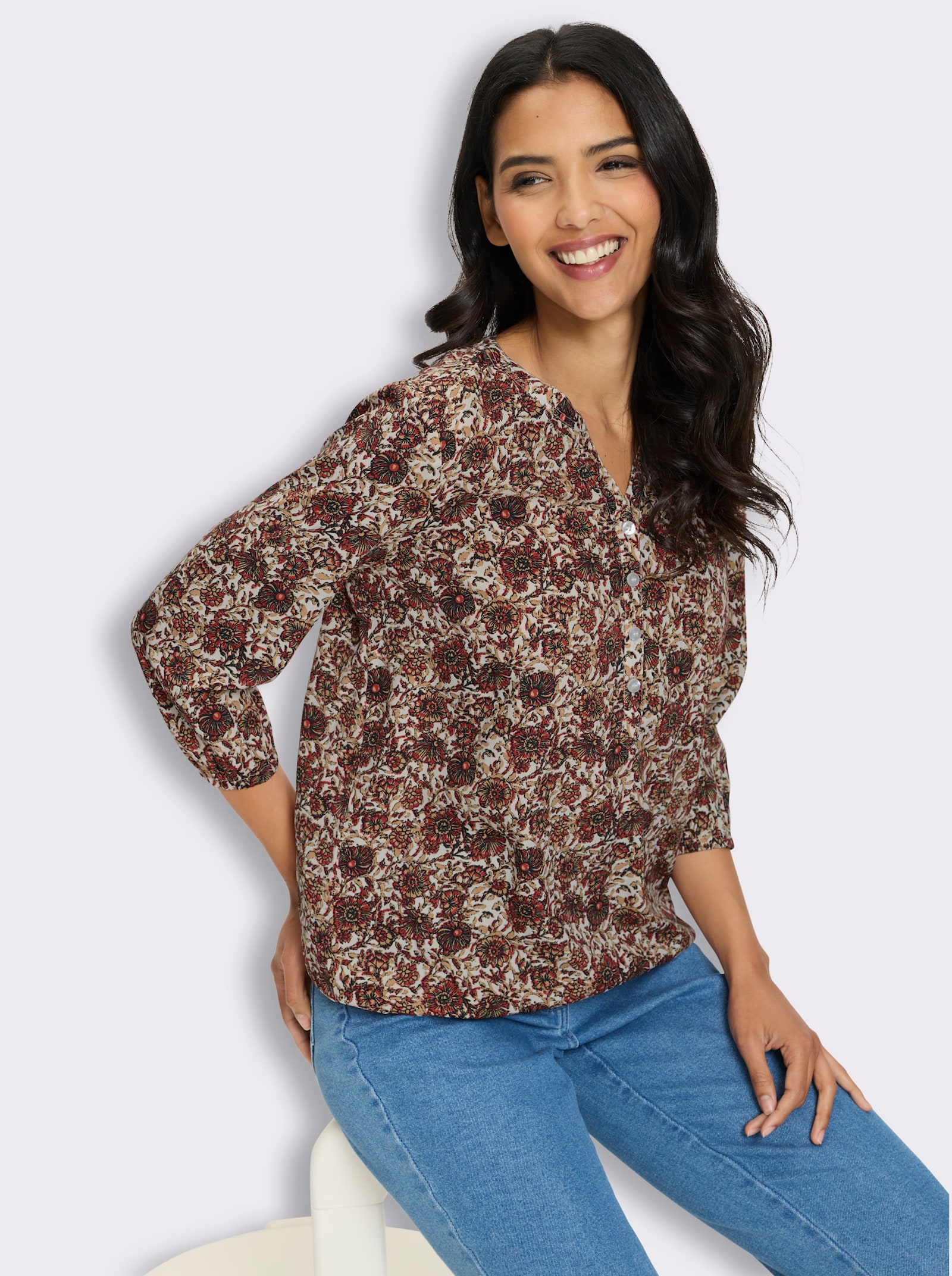 Druckbluse in Schlupfform - sand-camel-bedruckt