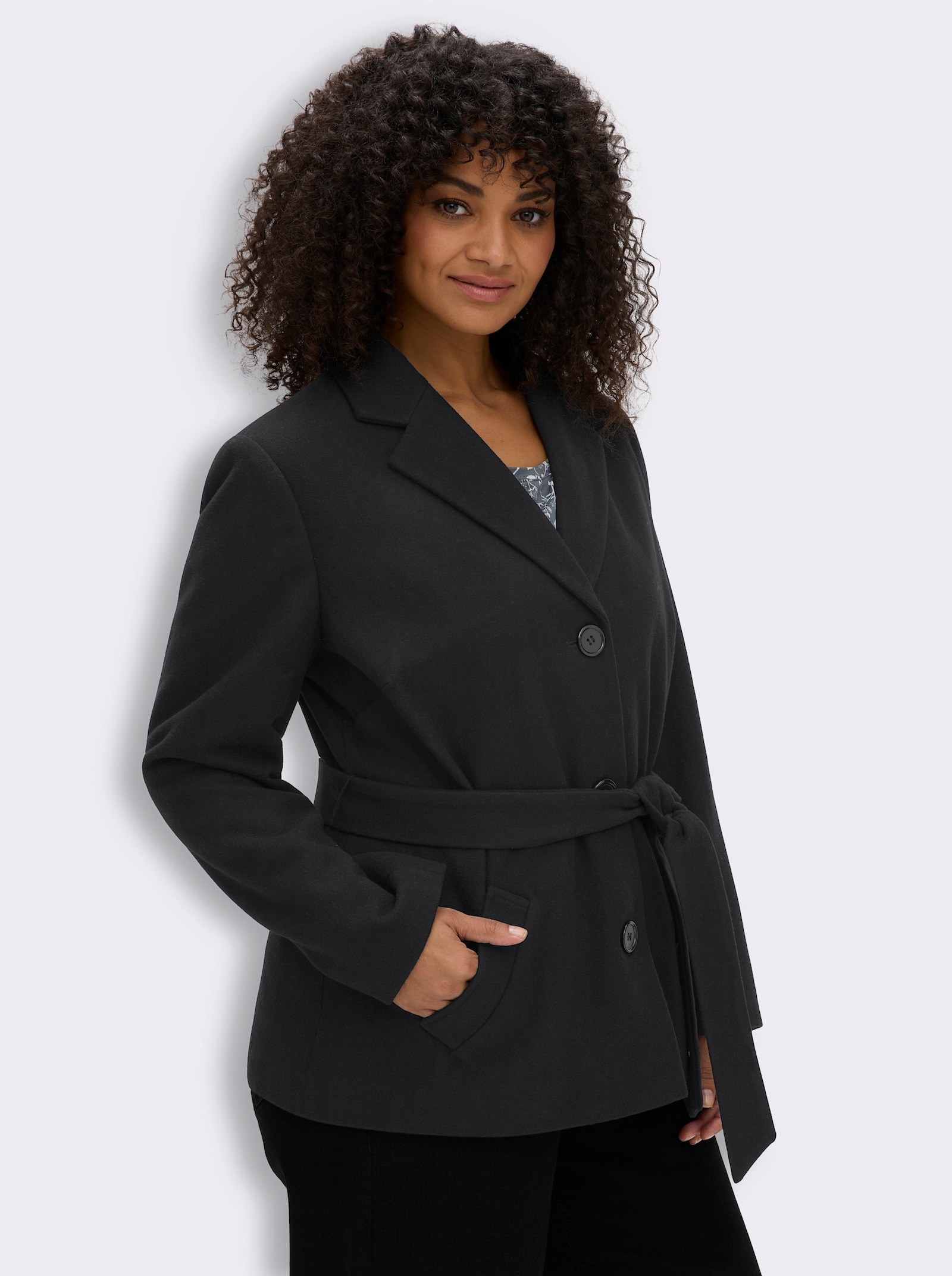 sheego Wolljacke mit Bindegürtel - schwarz