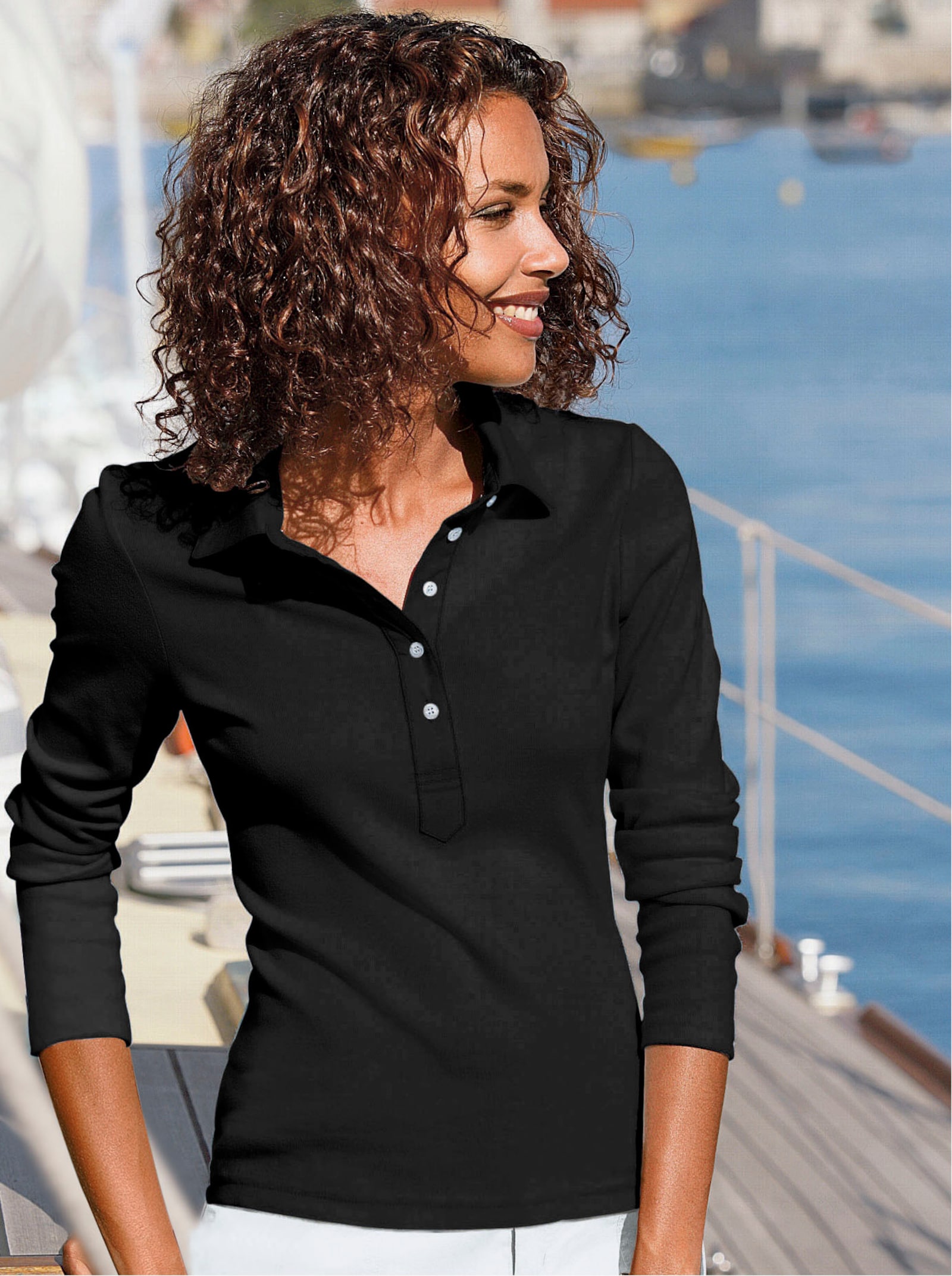 Langarm-Poloshirt in reiner Baumwoll-Qualität - schwarz