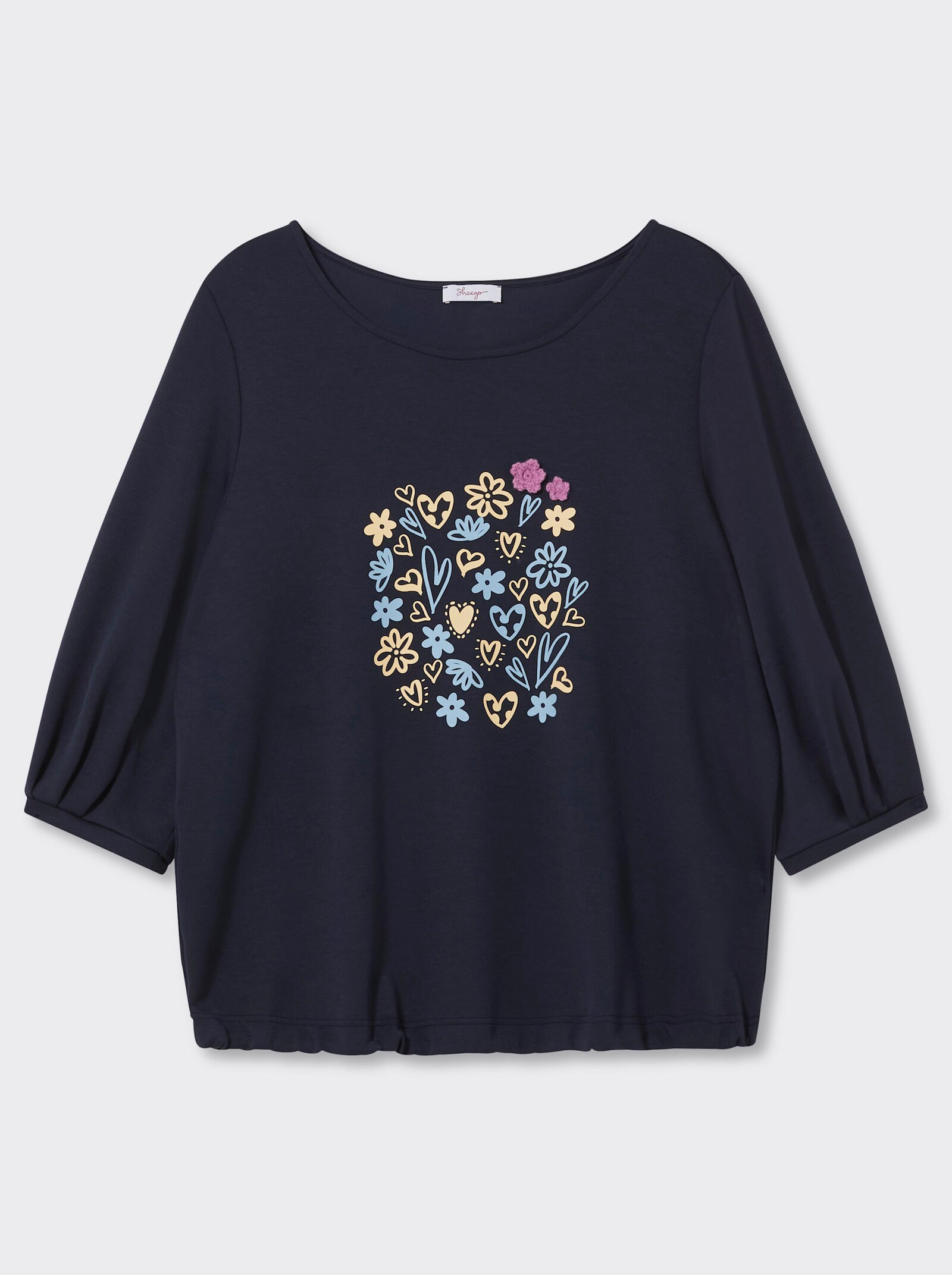 sheego Sweatshirt mit Frontprint und Häkelblumen - tiefblau-eisblau-bedruckt