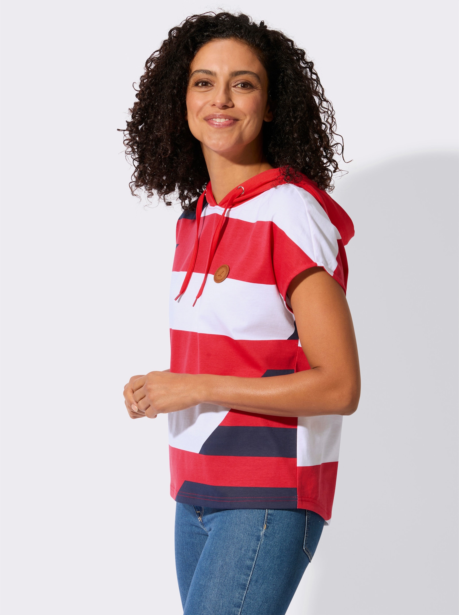 Shirt met capuchon en oversized schouders - aardbei/wit gedessineerd