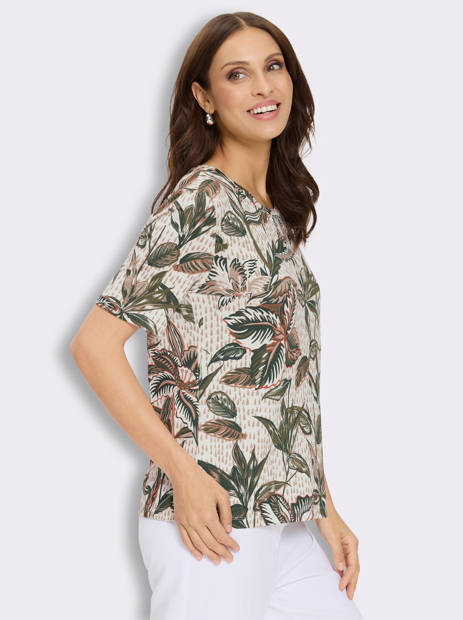 Print-Shirt aus Viskose-Stretch - ecru-oliv-bedruckt
