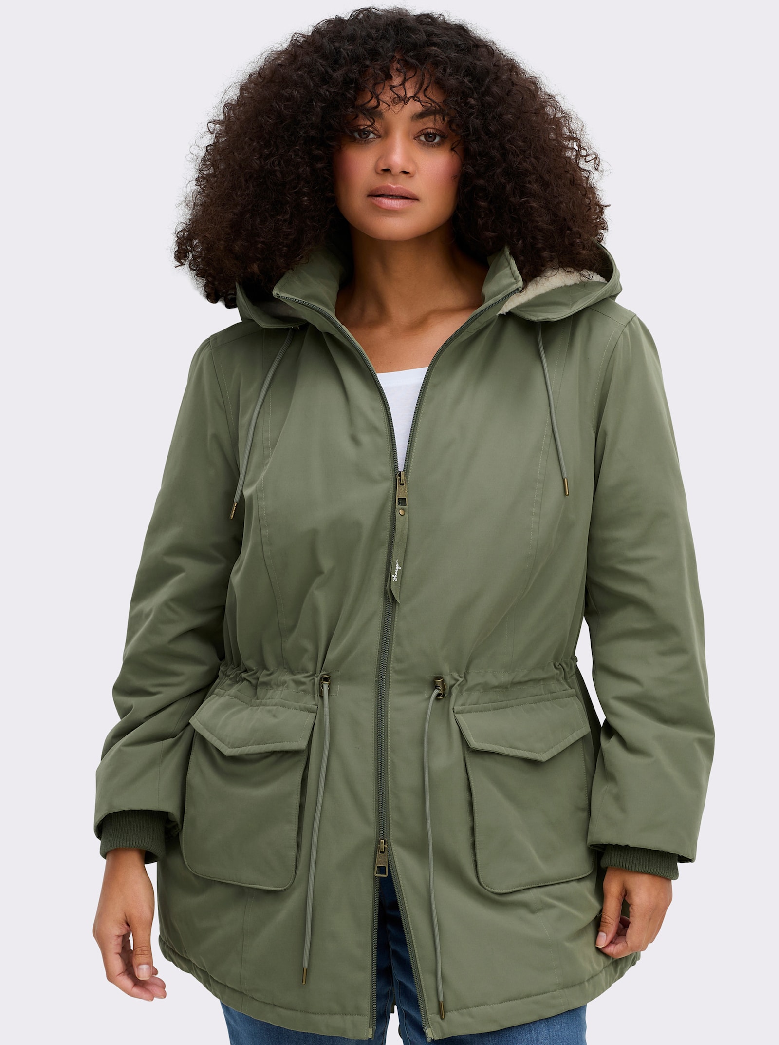 sheego Parka mit Teddyfleece-Kapuze - khaki