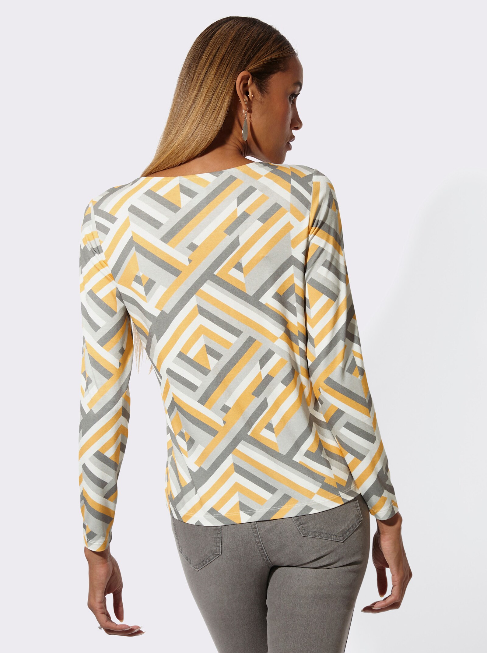 V-Shirt mit tollem Streifenmuster - ecru-grau-bedruckt