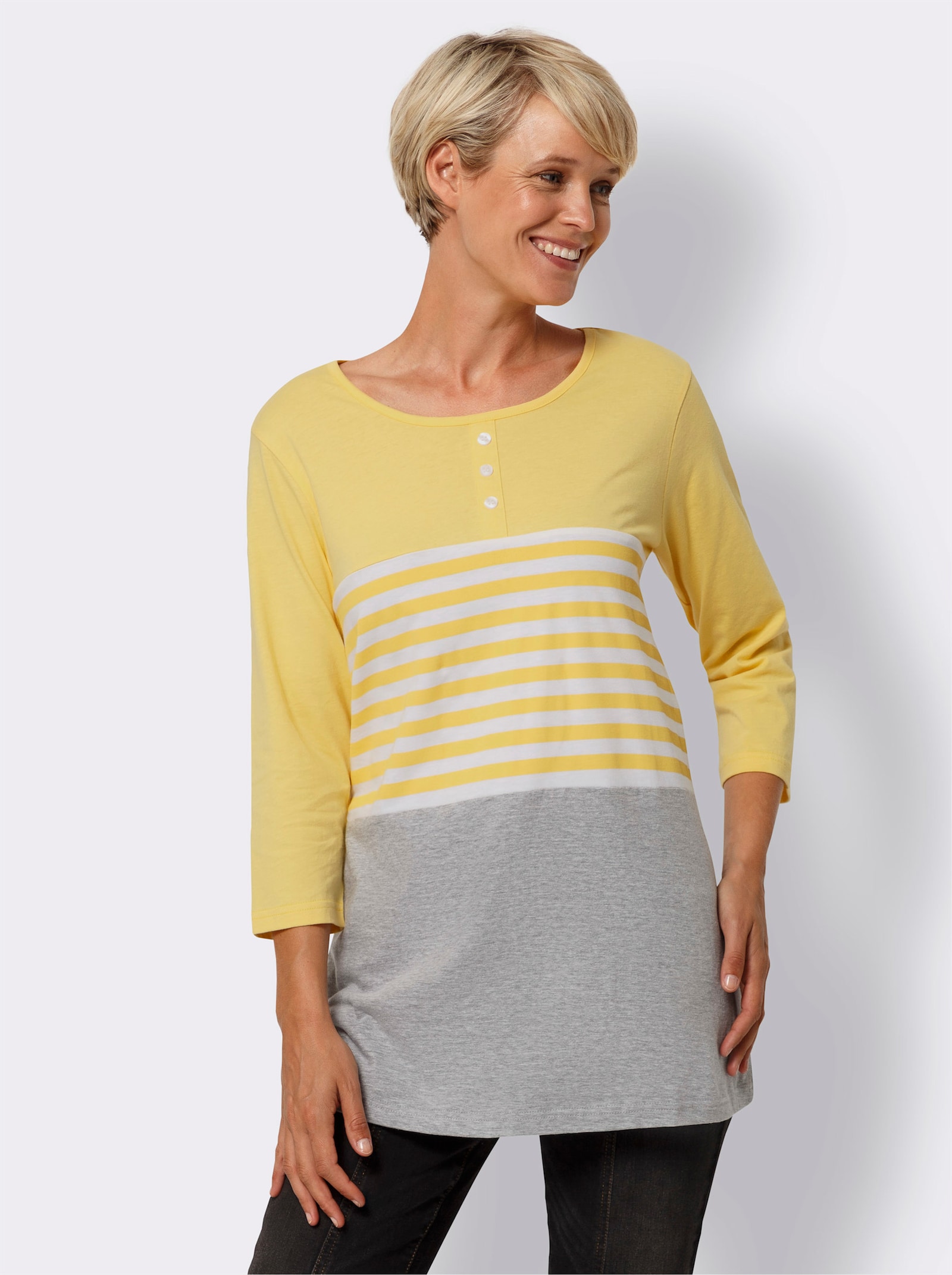 Longshirt mit Streifen-Einsatz - gelb-weiß-bedruckt