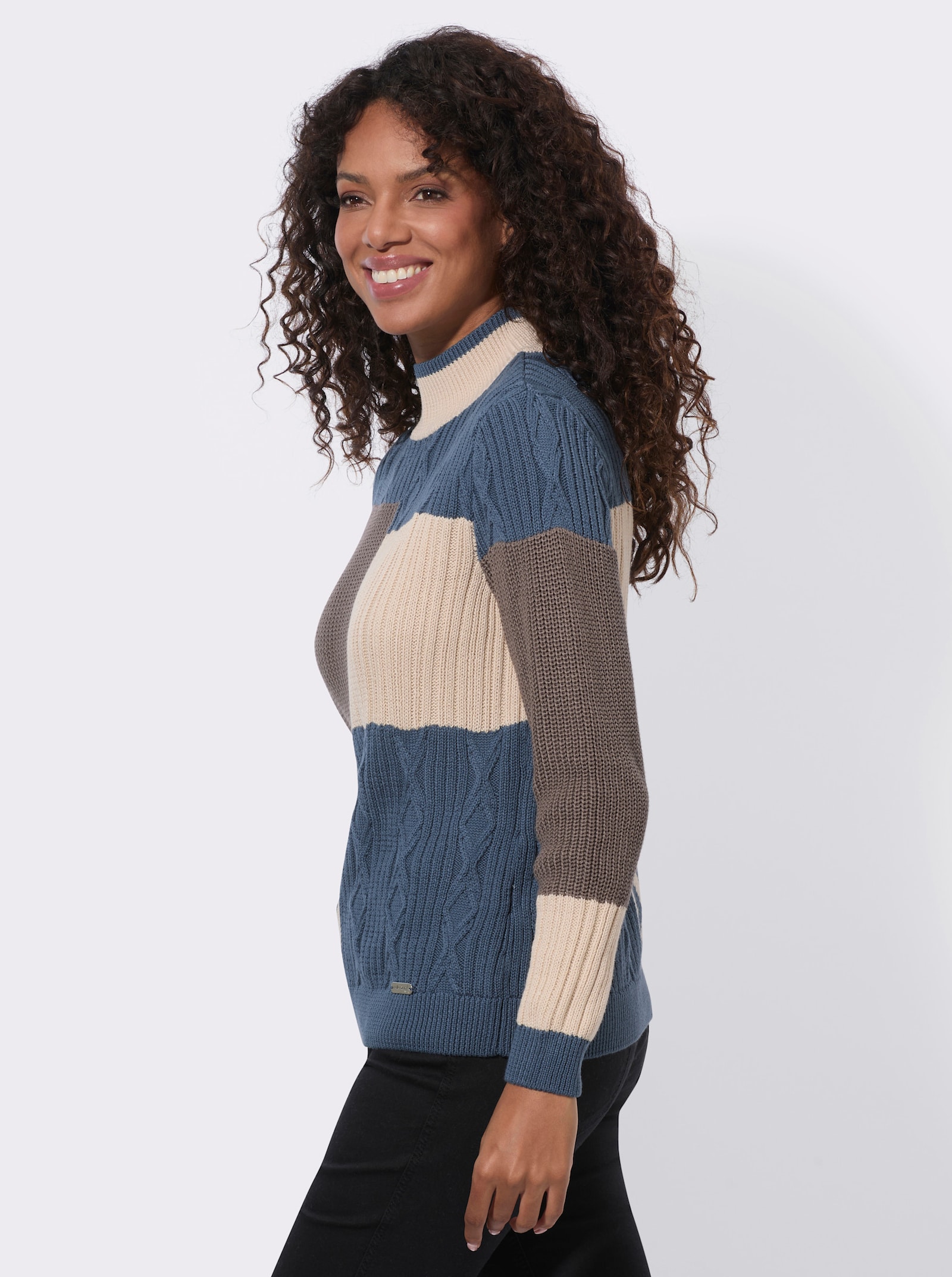  Stehkragenpullover in Patchwork-Optik - elfenbein-rauchblau-gemustert