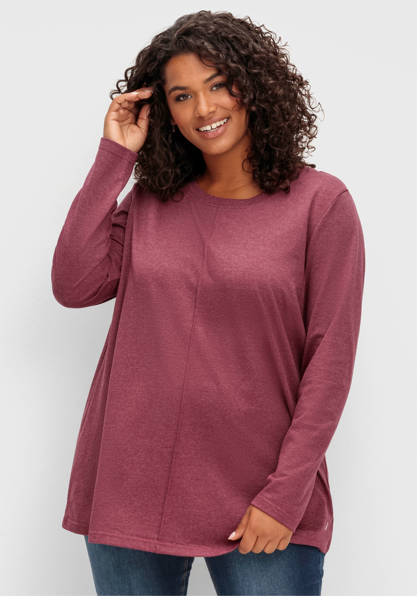 sheego Langarmshirt in A-Linie, fein meliert - brombeer-meliert