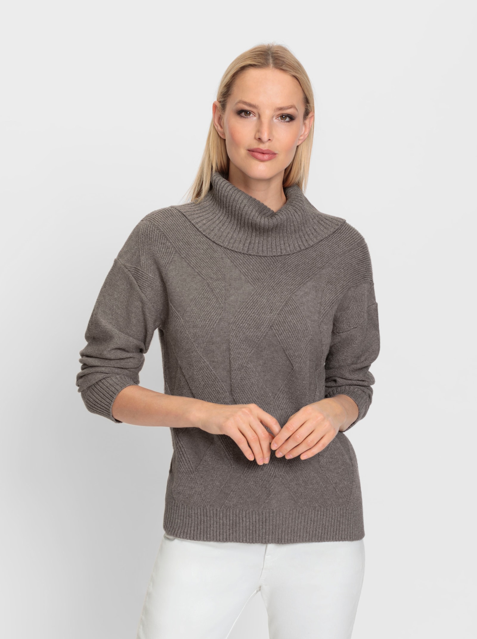 heine Colpullover met kabelpatroon - donkertaupe gemêleerd