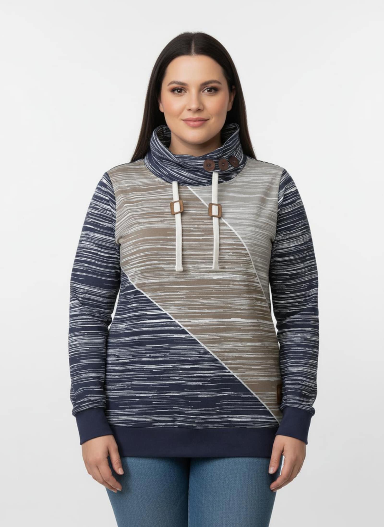 Sweatshirt mit elastischen Bündchen - dunkelblau-ecru-bedruckt