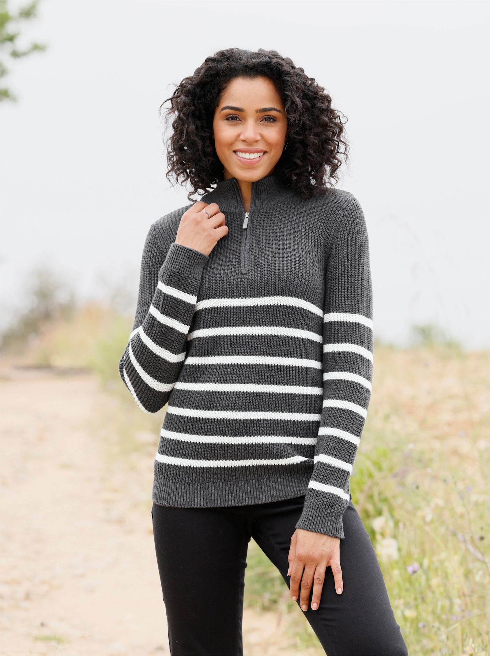 Pullover met opstaande kraag, gestreept - antraciet gemêleerd/ecru gestreept