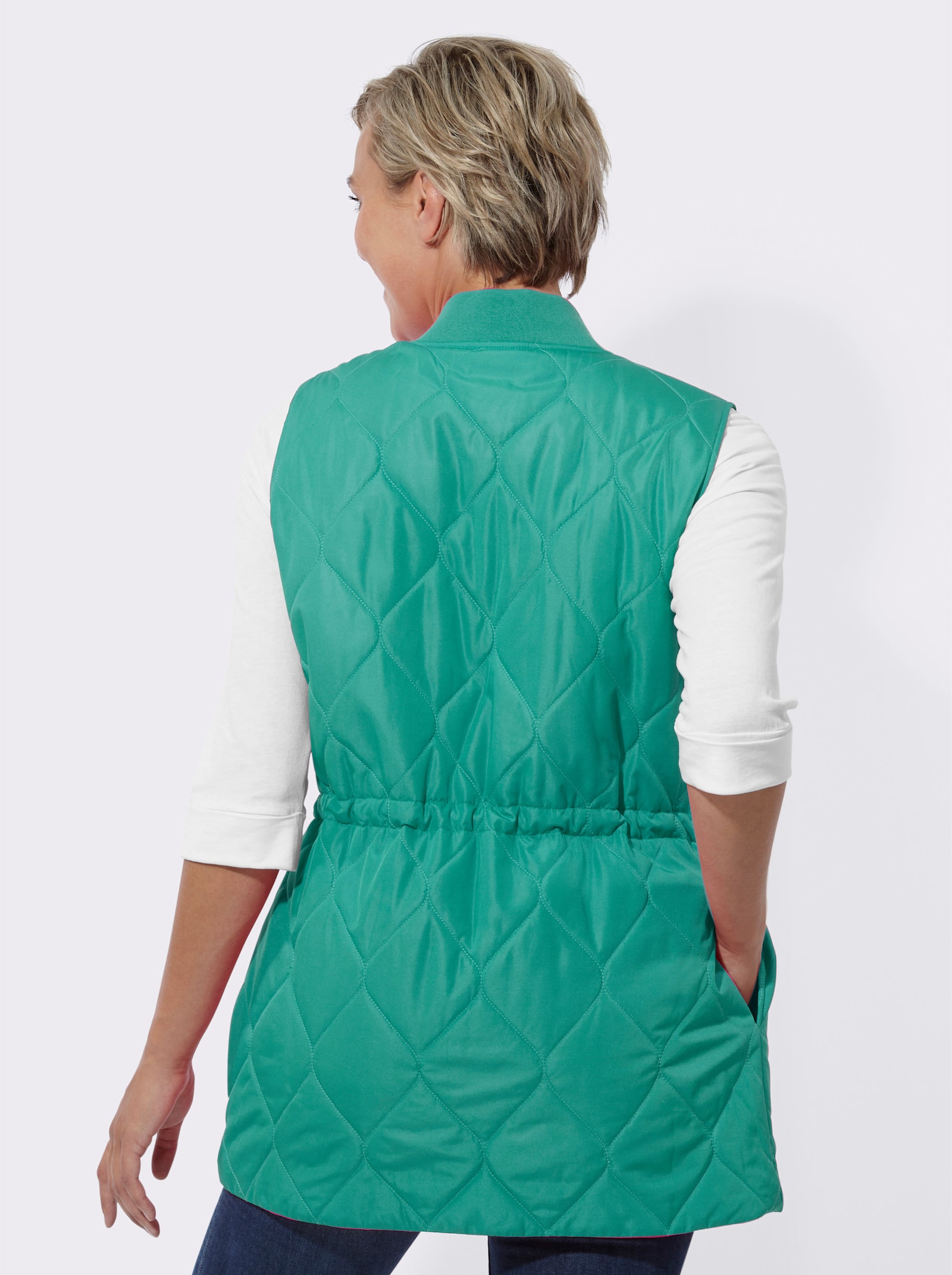 Lange bodywarmer met verstelbare taille - blauwgroen
