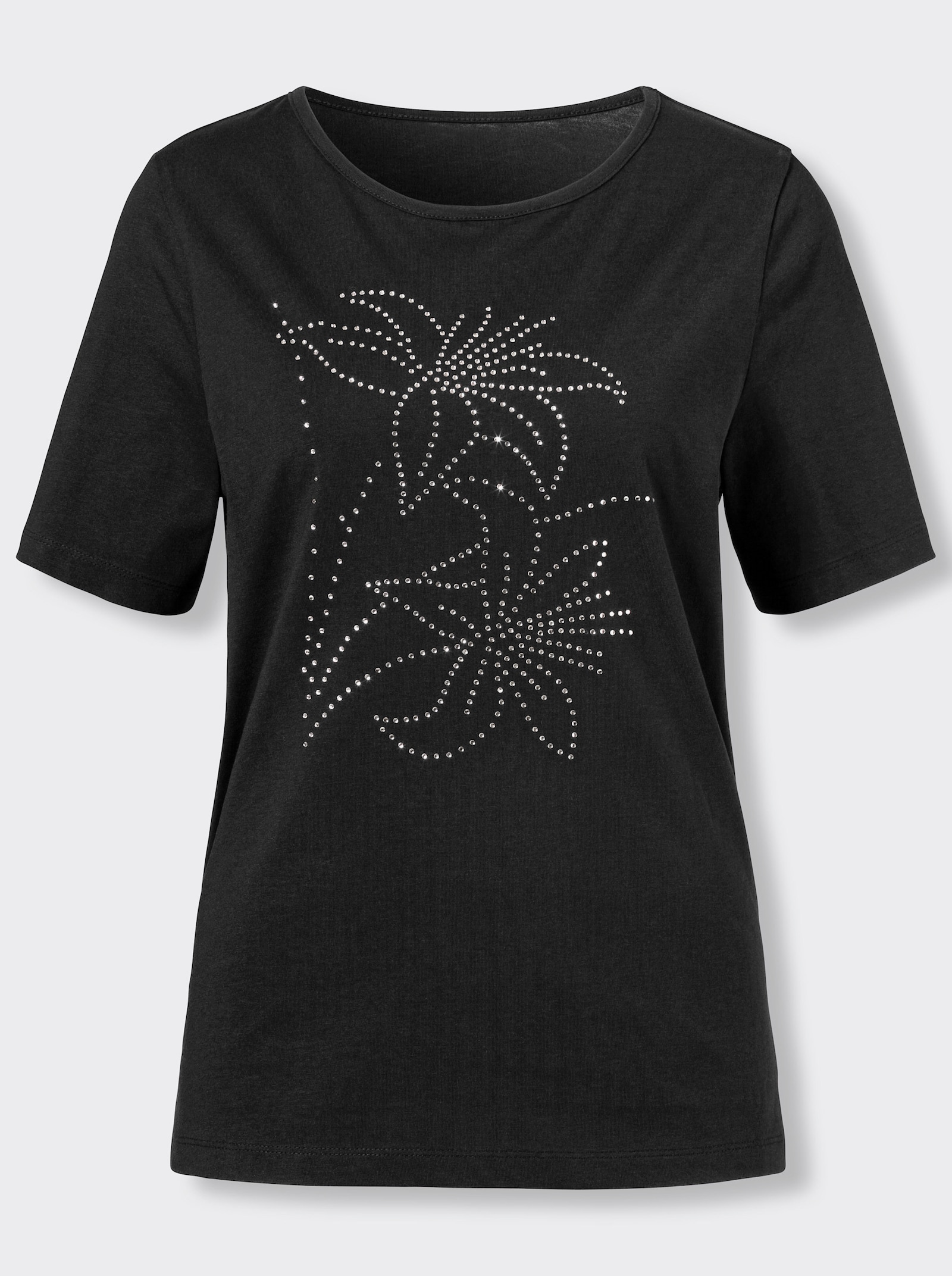Kurzarmshirt mit Steinchen verziert - schwarz