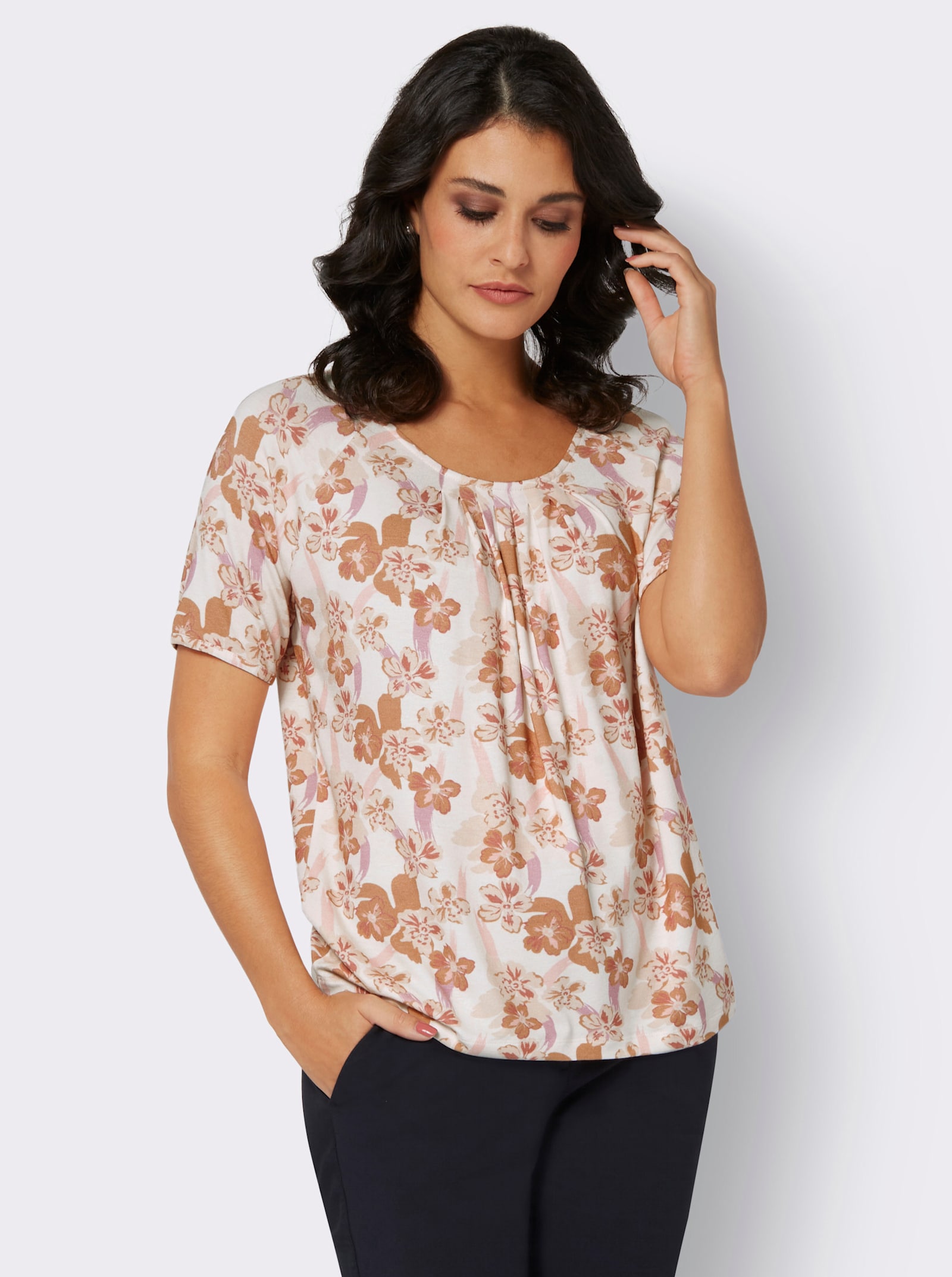 Print-Shirt mit Faltenpartie - champagner-rosenholz-bedruckt