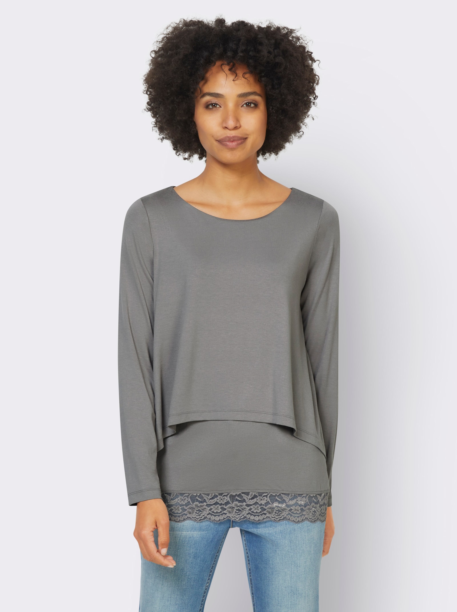 heine Langarmshirt mit Spitzensaum - grau